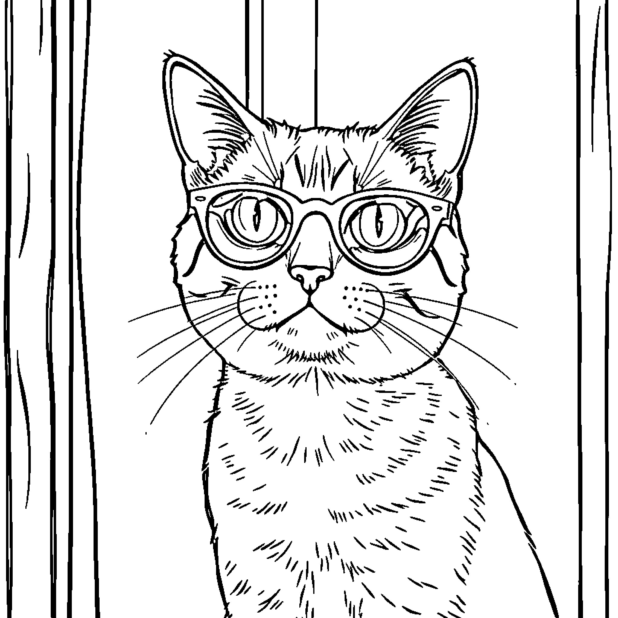 Gato with Glasses Sitting Indoors Coloring Page (free black-and-white line drawing printable PDF for all, from beginners to advanced learners, including children, teens, adults, and seniors)