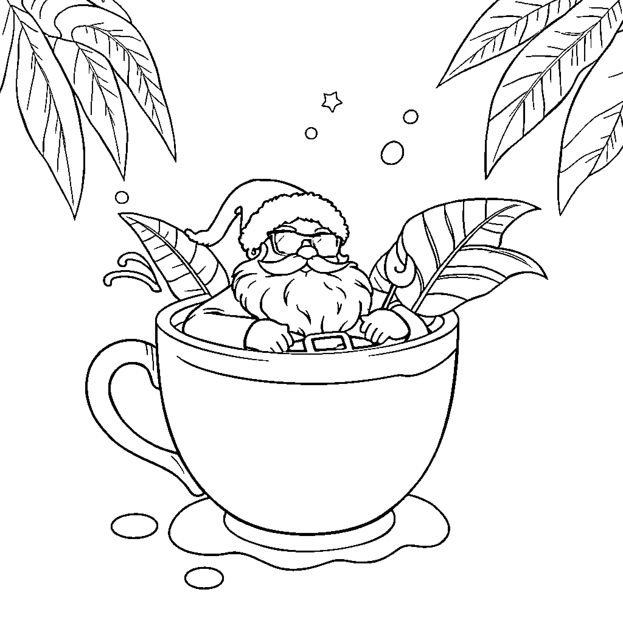 Santa relaxing in a cozy cup Coloring Page (free black-and-white line drawing printable PDF for all, from beginners to advanced learners, including children, teens, adults, and seniors)