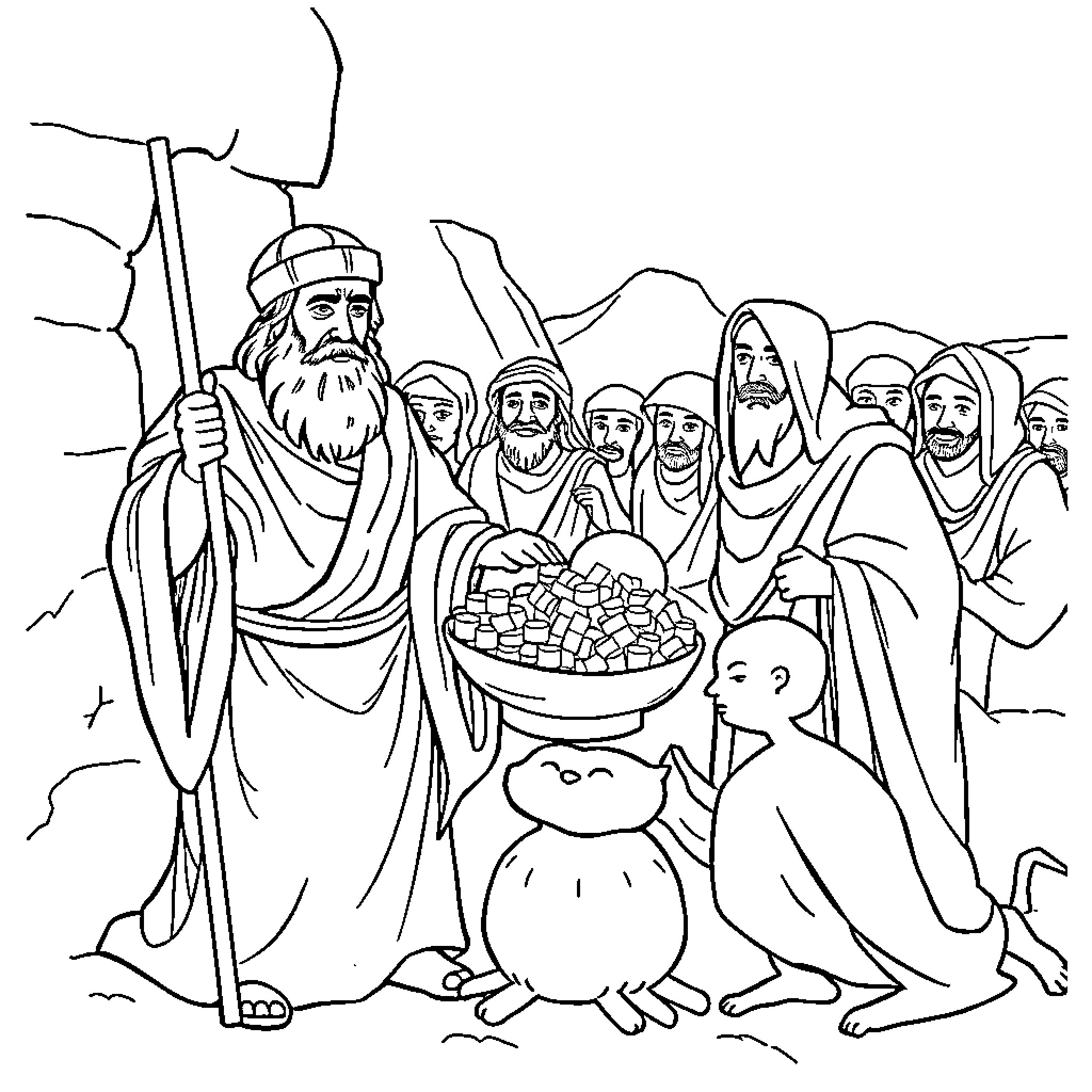Cornelius and his disciples share a feast in the wilderness Coloring Page (free black-and-white line drawing printable PDF for all, from beginners to advanced learners, including children, teens, adults, and seniors)