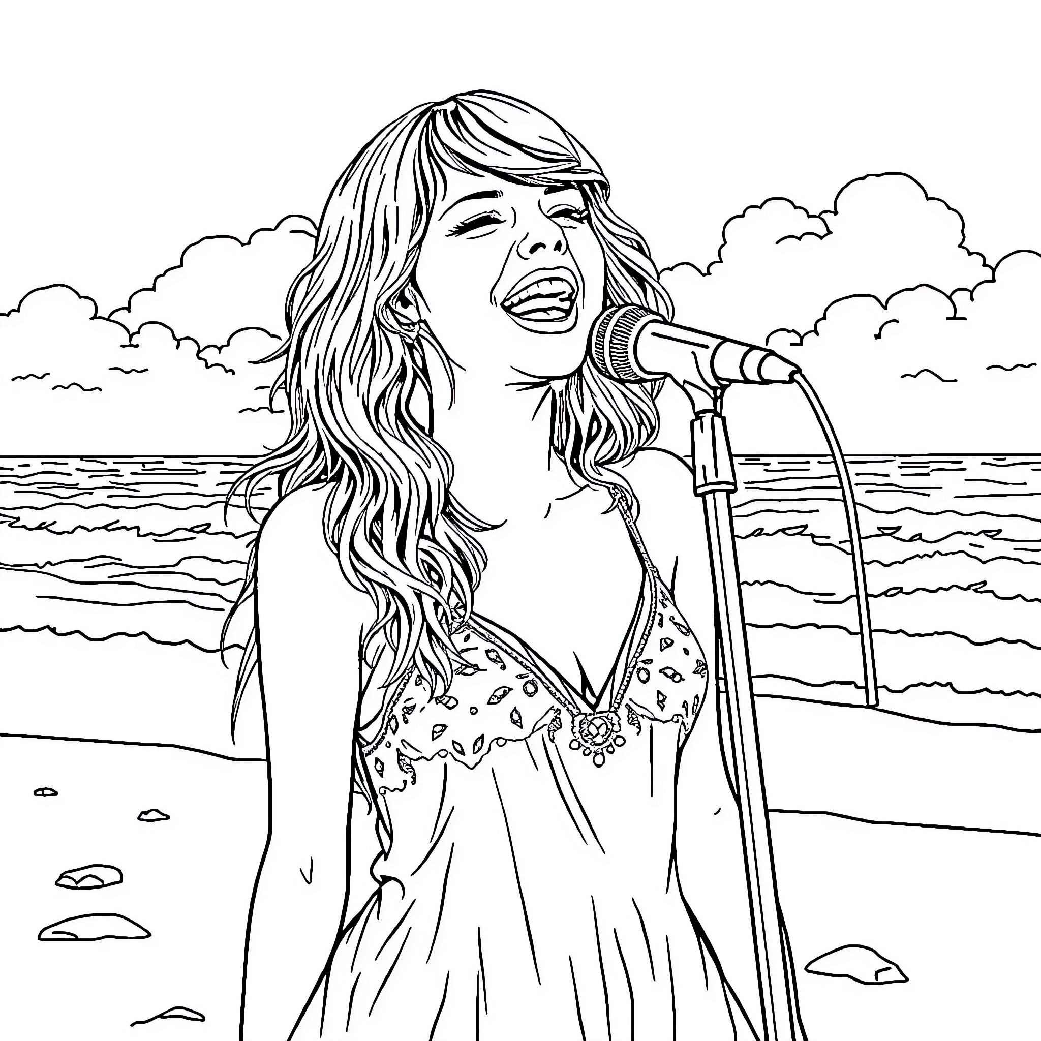 Taylor Swift performing live on stage by the ocean Coloring Page (free black-and-white line drawing printable PDF for all, from beginners to advanced learners, including children, teens, adults, and seniors)