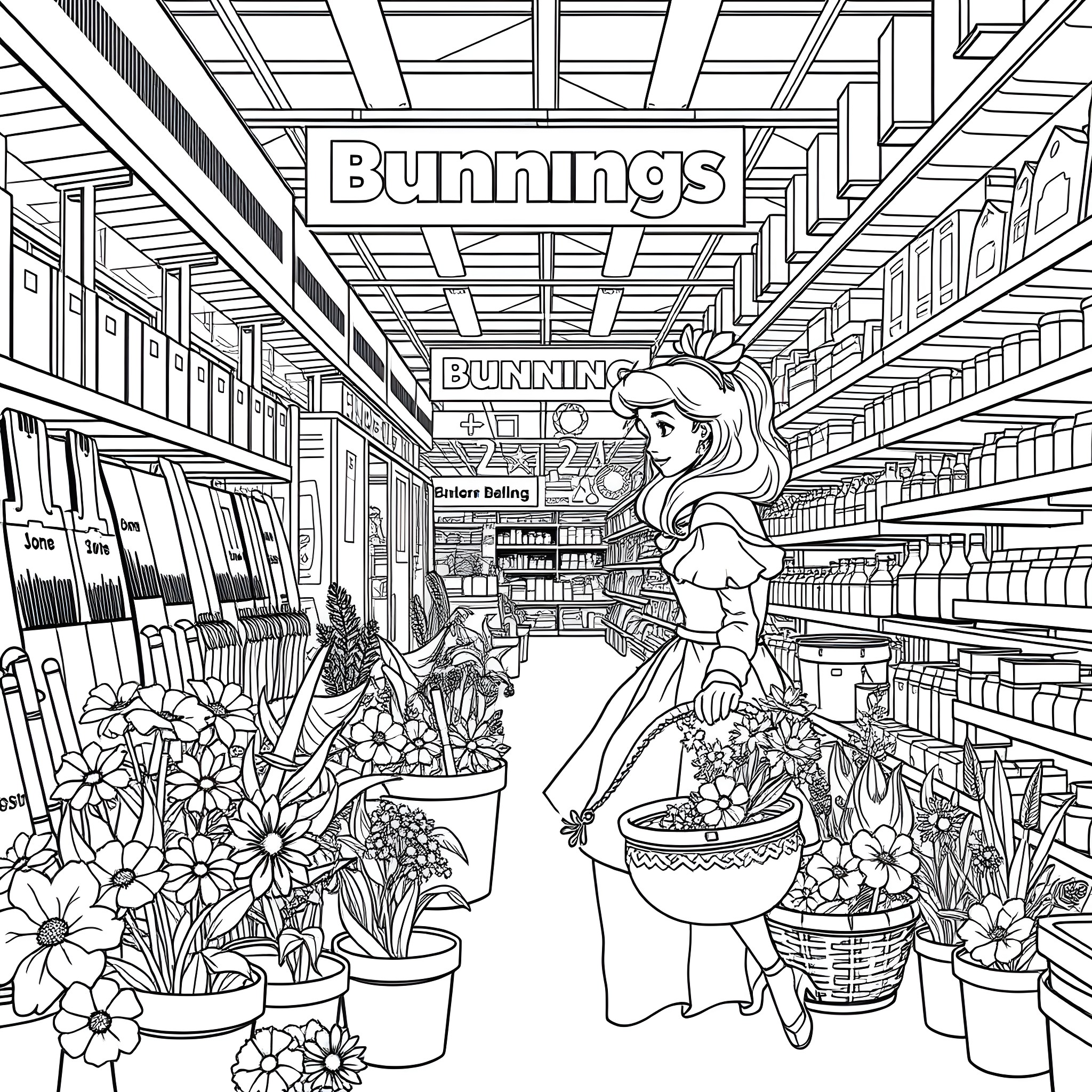 Princess Shopping for Flowers in Supermarket Coloring Page (free black-and-white line drawing printable PDF for all, from beginners to advanced learners, including children, teens, adults, and seniors)