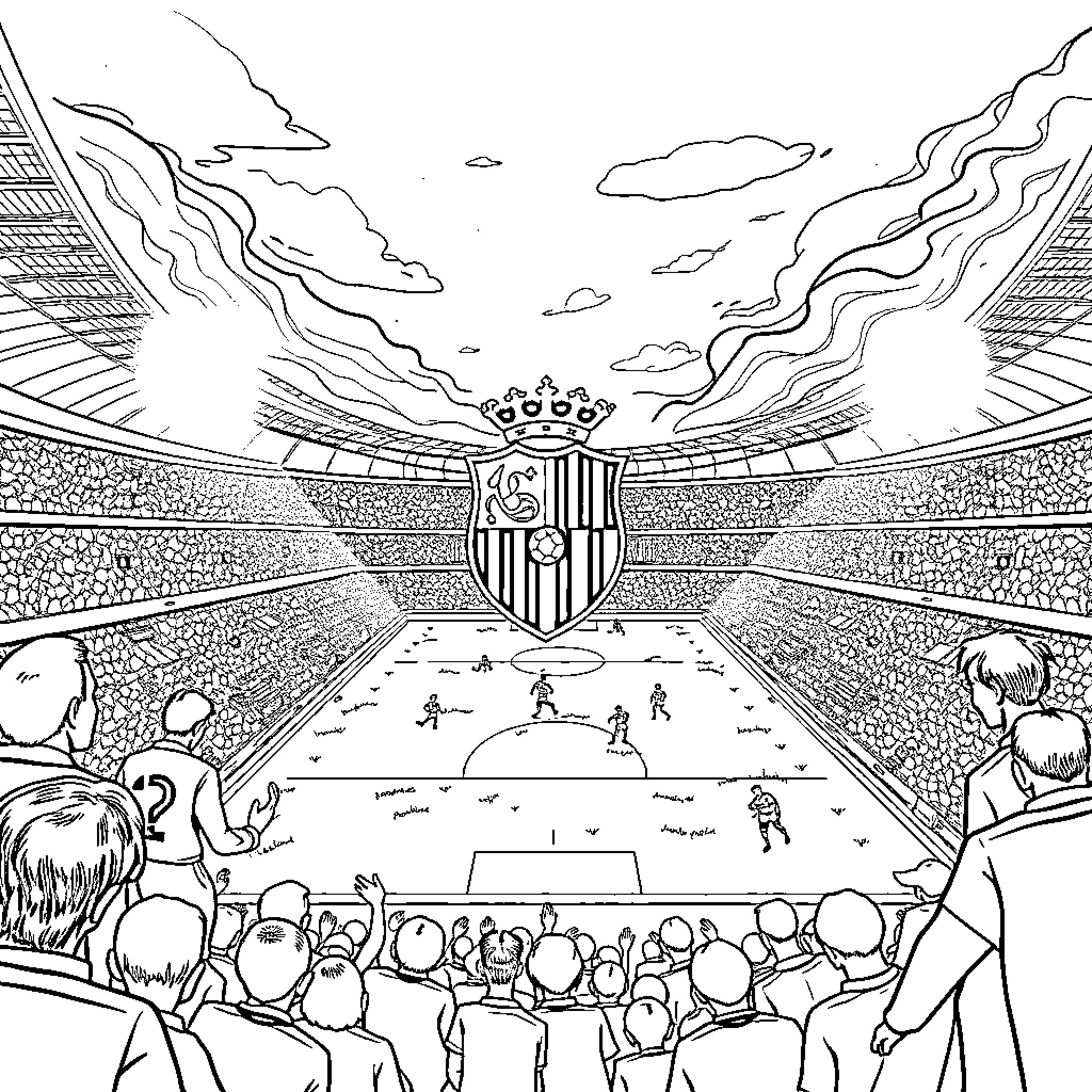 Real Murcia: Fans Cheer at Football Stadium Coloring Page (free black-and-white line drawing printable PDF for all, from beginners to advanced learners, including children, teens, adults, and seniors)