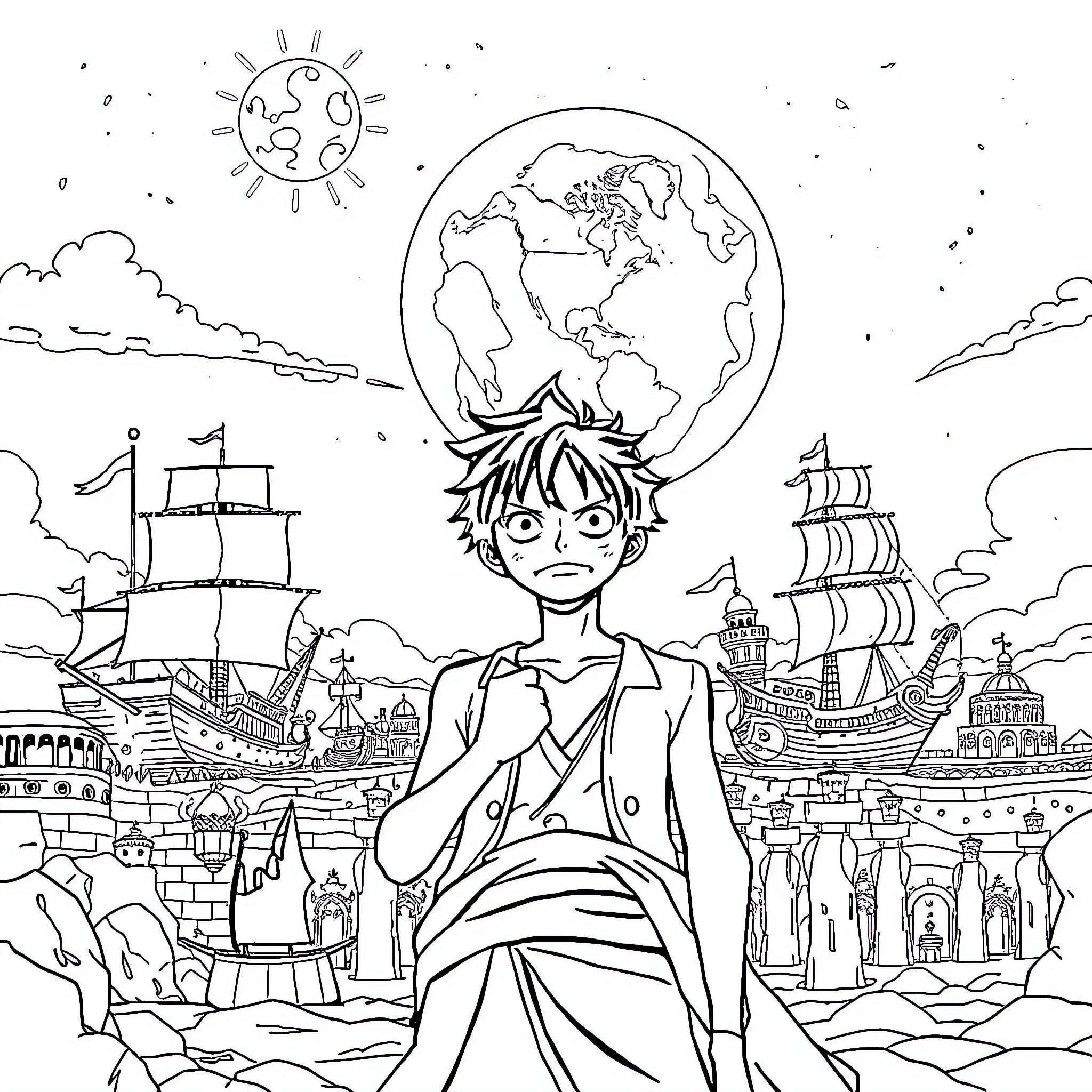 Luffy's Adventurous Journey Across the Seas Coloring Page (free black-and-white line drawing printable PDF for all, from beginners to advanced learners, including children, teens, adults, and seniors)