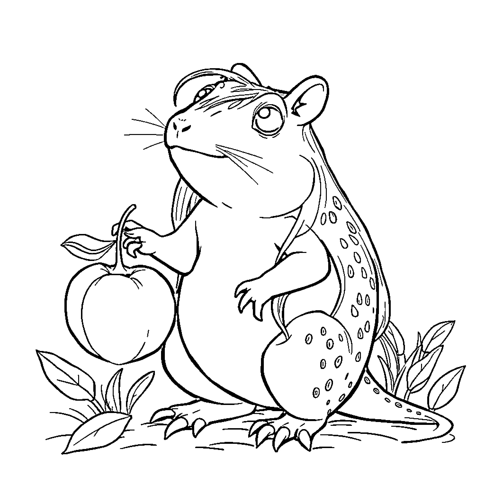 Rapunzel frog with an apple in the garden Coloring Page (free black-and-white line drawing printable PDF for all, from beginners to advanced learners, including children, teens, adults, and seniors)