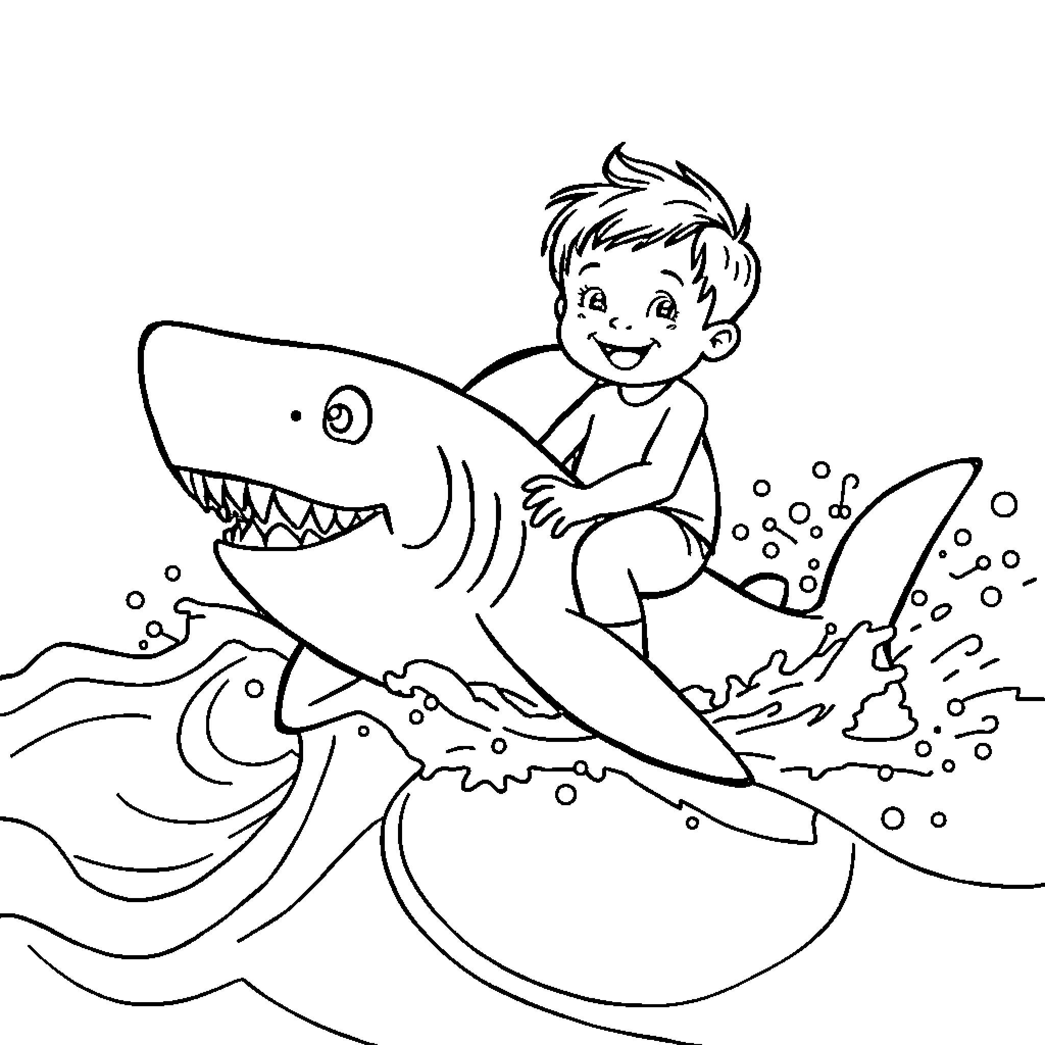 Boy riding a friendly shark in the ocean Coloring Page (free black-and-white line drawing printable PDF for all, from beginners to advanced learners, including children, teens, adults, and seniors)