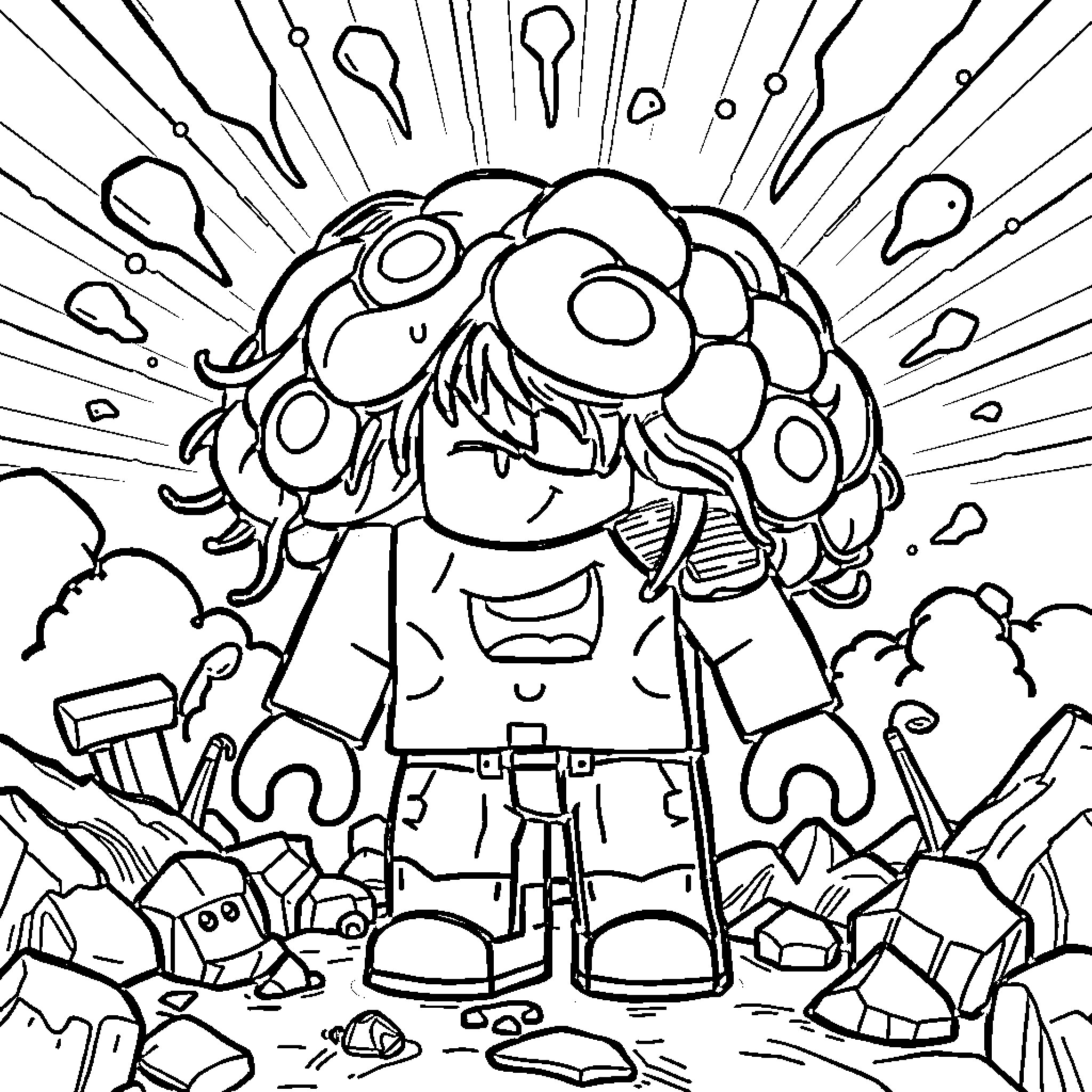 Roblox character in a chaotic scene with various objects Coloring Page (free black-and-white line drawing printable PDF for all, from beginners to advanced learners, including children, teens, adults, and seniors)