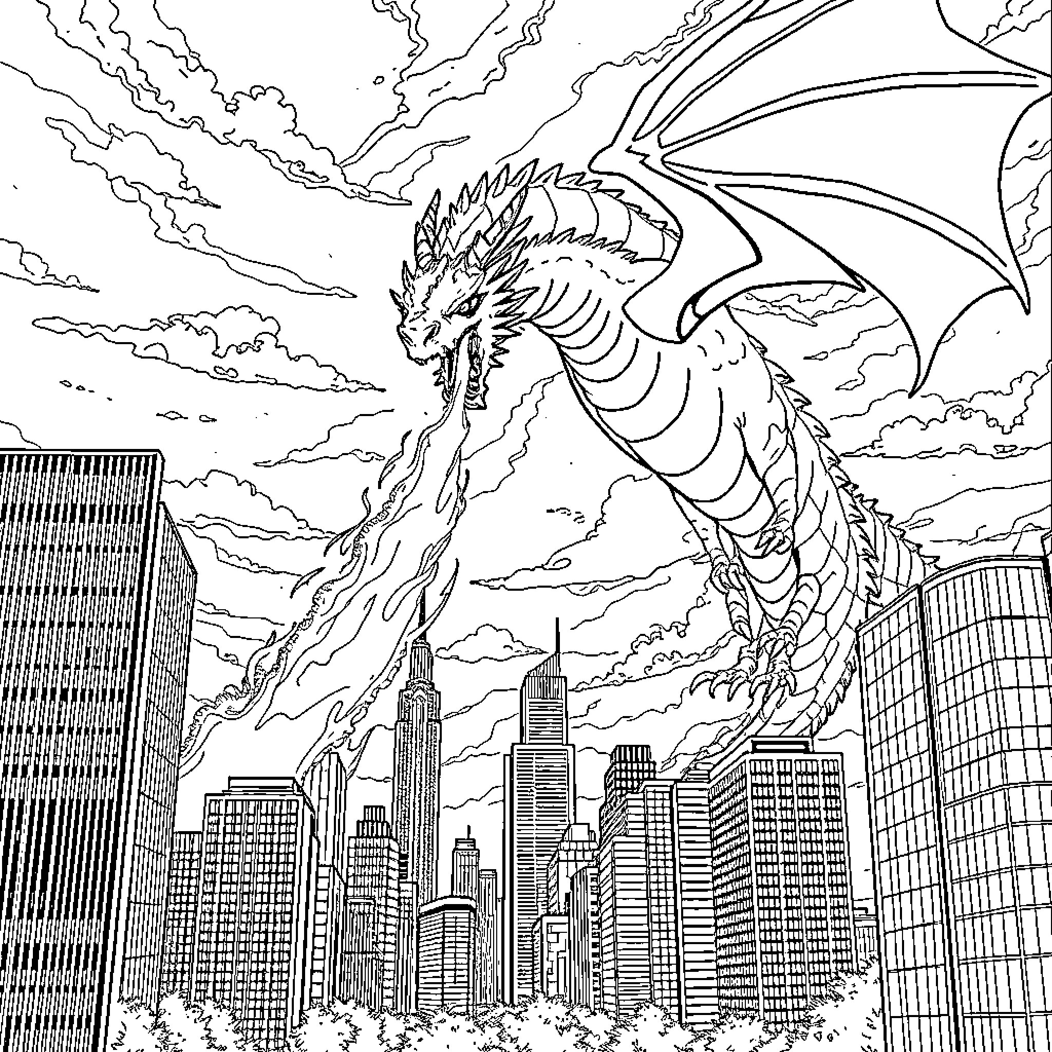 Dragon soaring over a city skyline Coloring Page (free black-and-white line drawing printable PDF for all, from beginners to advanced learners, including children, teens, adults, and seniors)