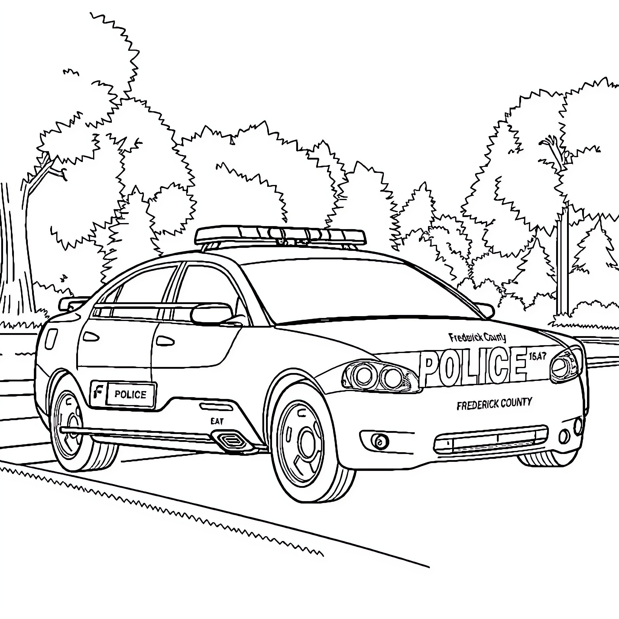 Police Car Parked in Scenic Forest Landscape Coloring Page (free black-and-white line drawing printable PDF for all, from beginners to advanced learners, including children, teens, adults, and seniors)