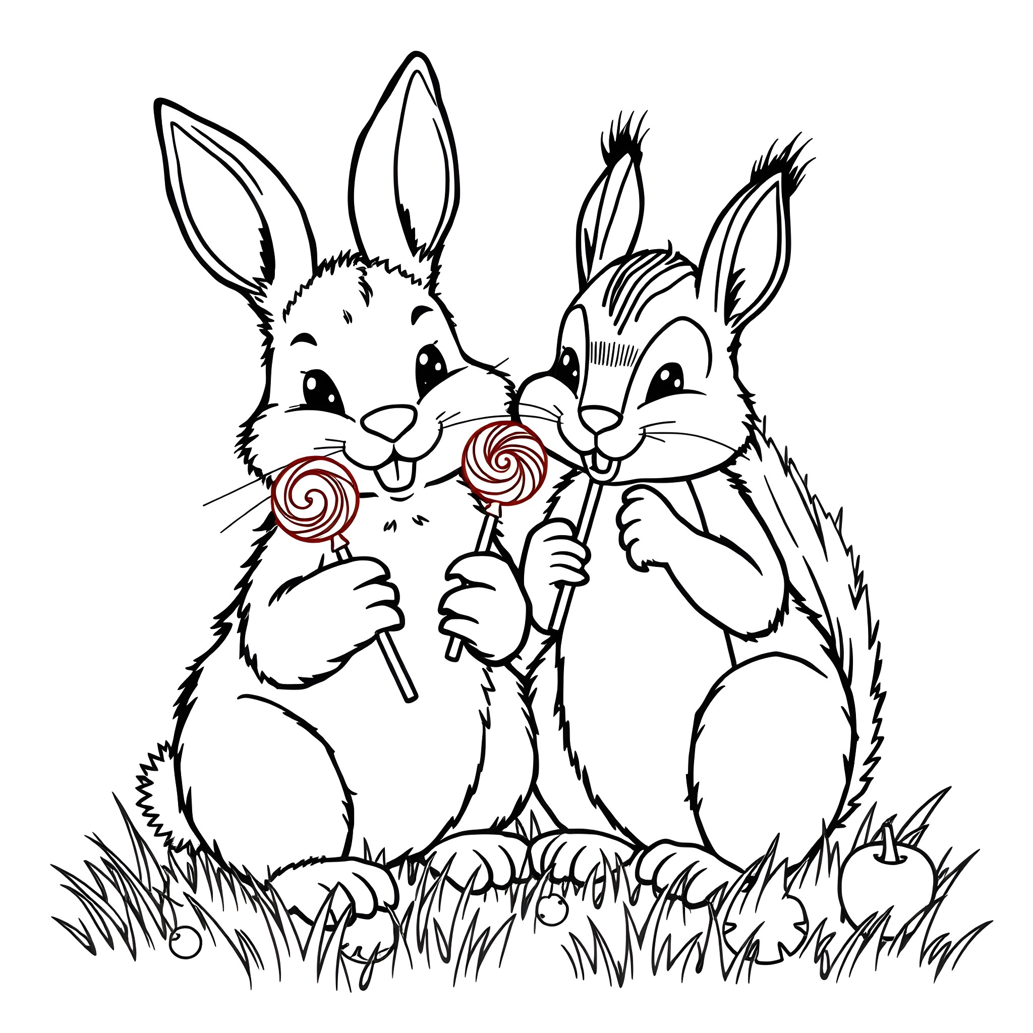 Animal rabbits enjoying lollipops in the field Coloring Page (free black-and-white line drawing printable PDF for all, from beginners to advanced learners, including children, teens, adults, and seniors)