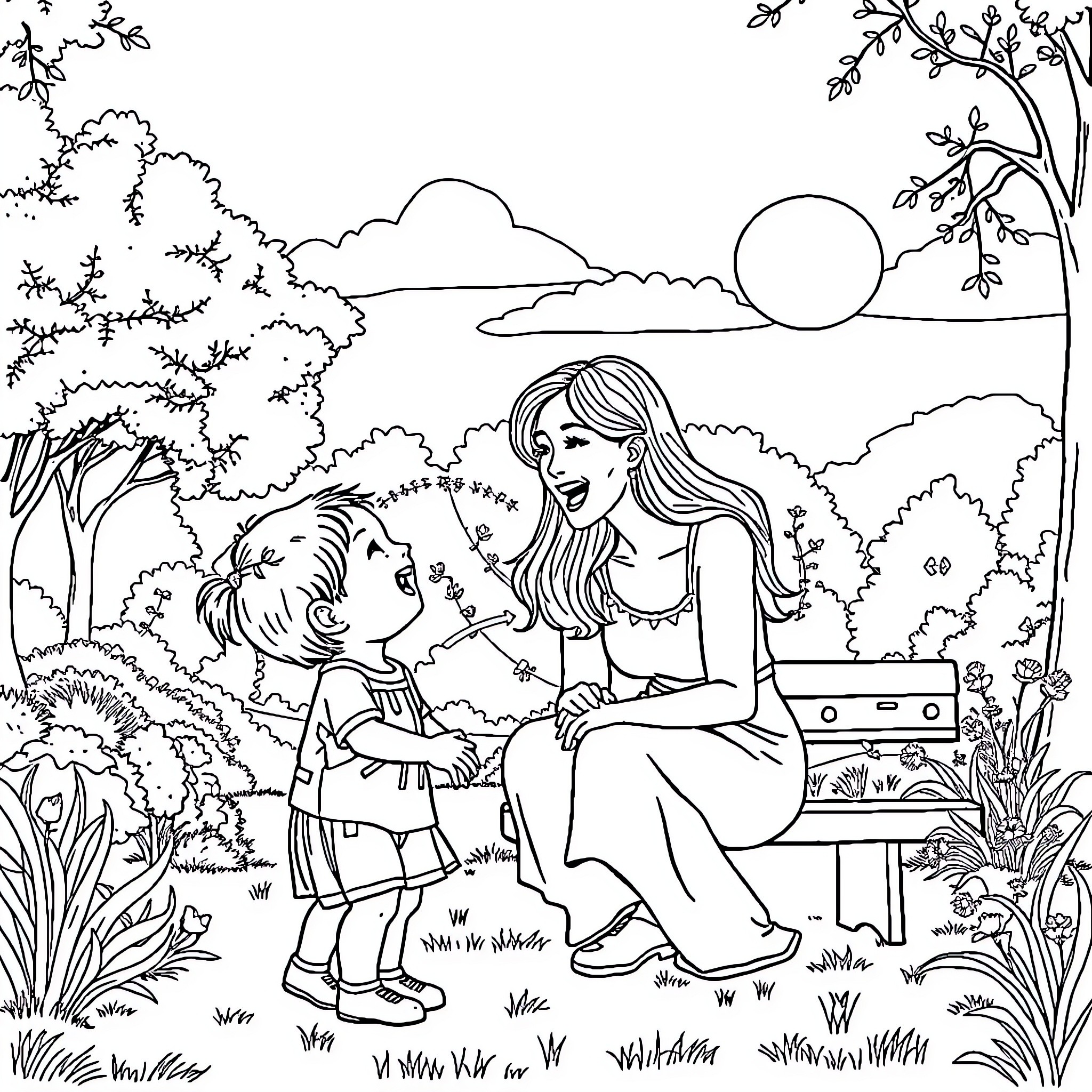 Child and caregiver relaxing in nature Coloring Page (free black-and-white line drawing printable PDF for all, from beginners to advanced learners, including children, teens, adults, and seniors)