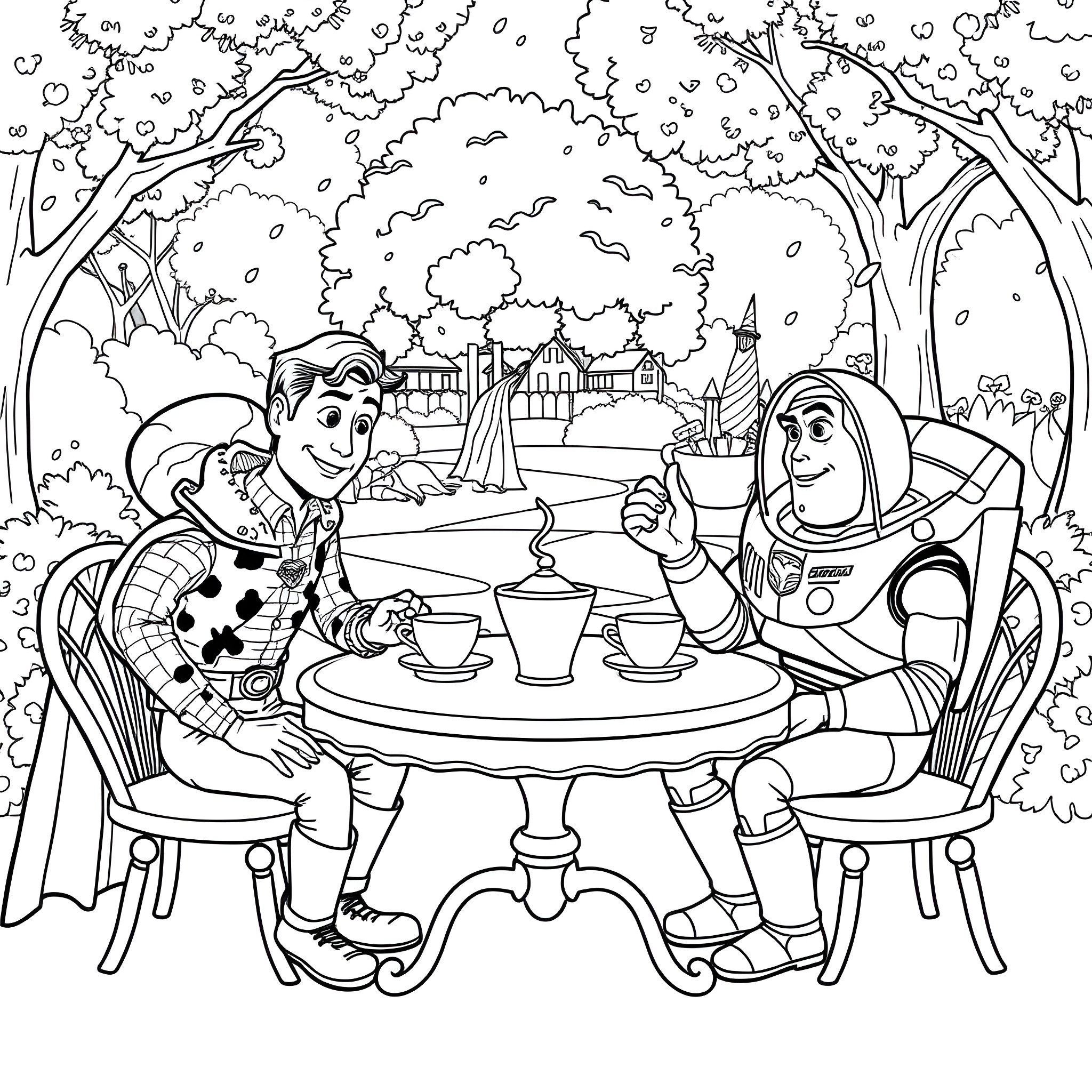 Superman enjoying tea party with Buzz Lightyear in enchanted forest Coloring Page (free black-and-white line drawing printable PDF for all, from beginners to advanced learners, including children, teens, adults, and seniors)