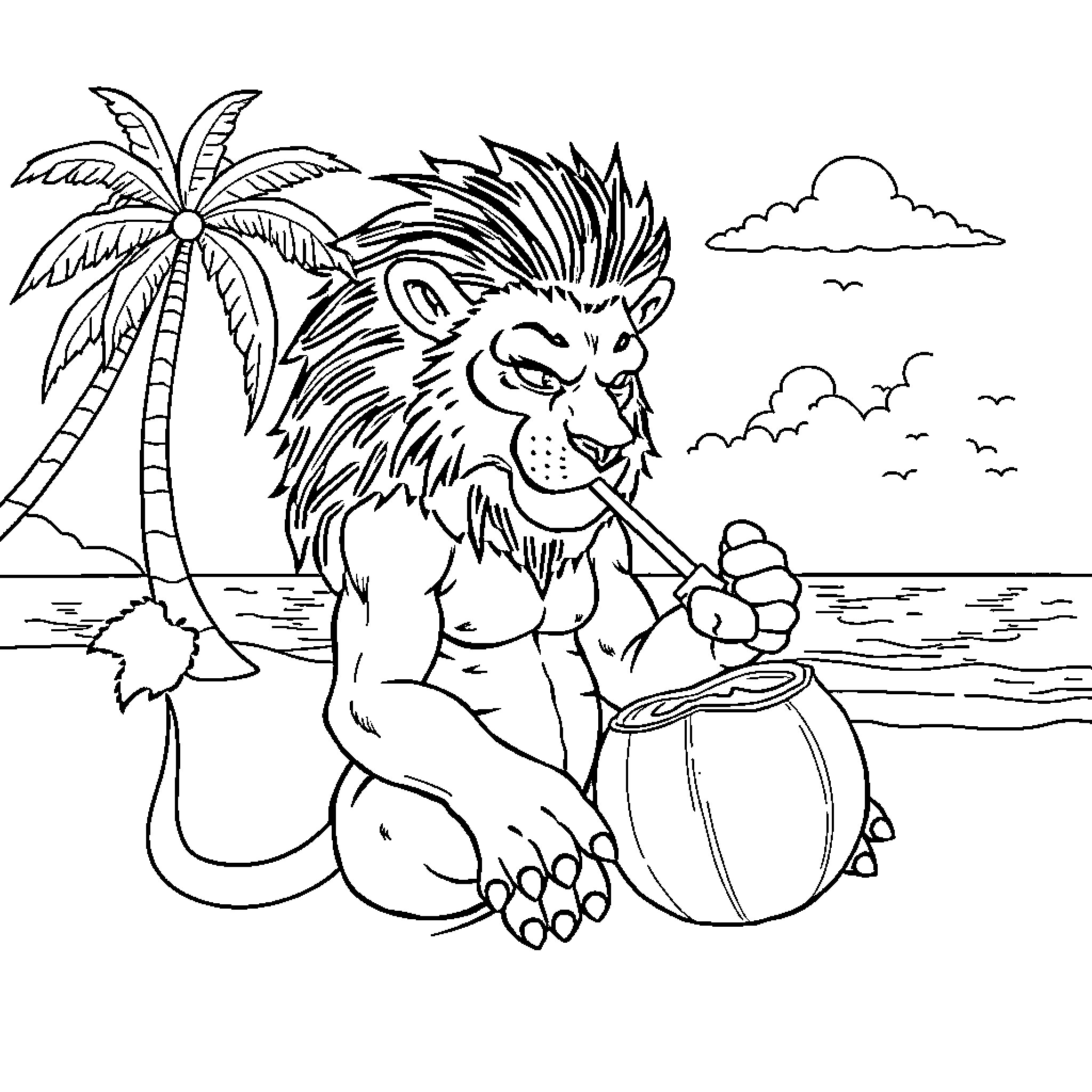 Human Lion Enjoying the Beach Coloring Page (free black-and-white line drawing printable PDF for all, from beginners to advanced learners, including children, teens, adults, and seniors)