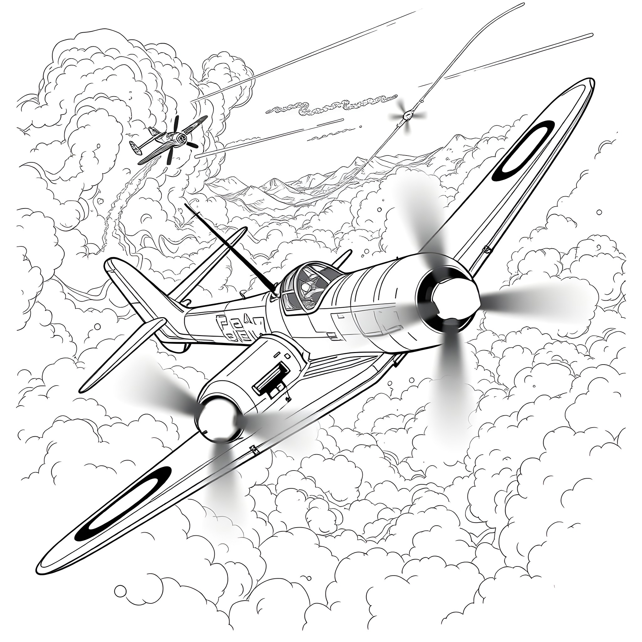 Plane soaring through clouds amidst aerial combat Coloring Page (free black-and-white line drawing printable PDF for all, from beginners to advanced learners, including children, teens, adults, and seniors)