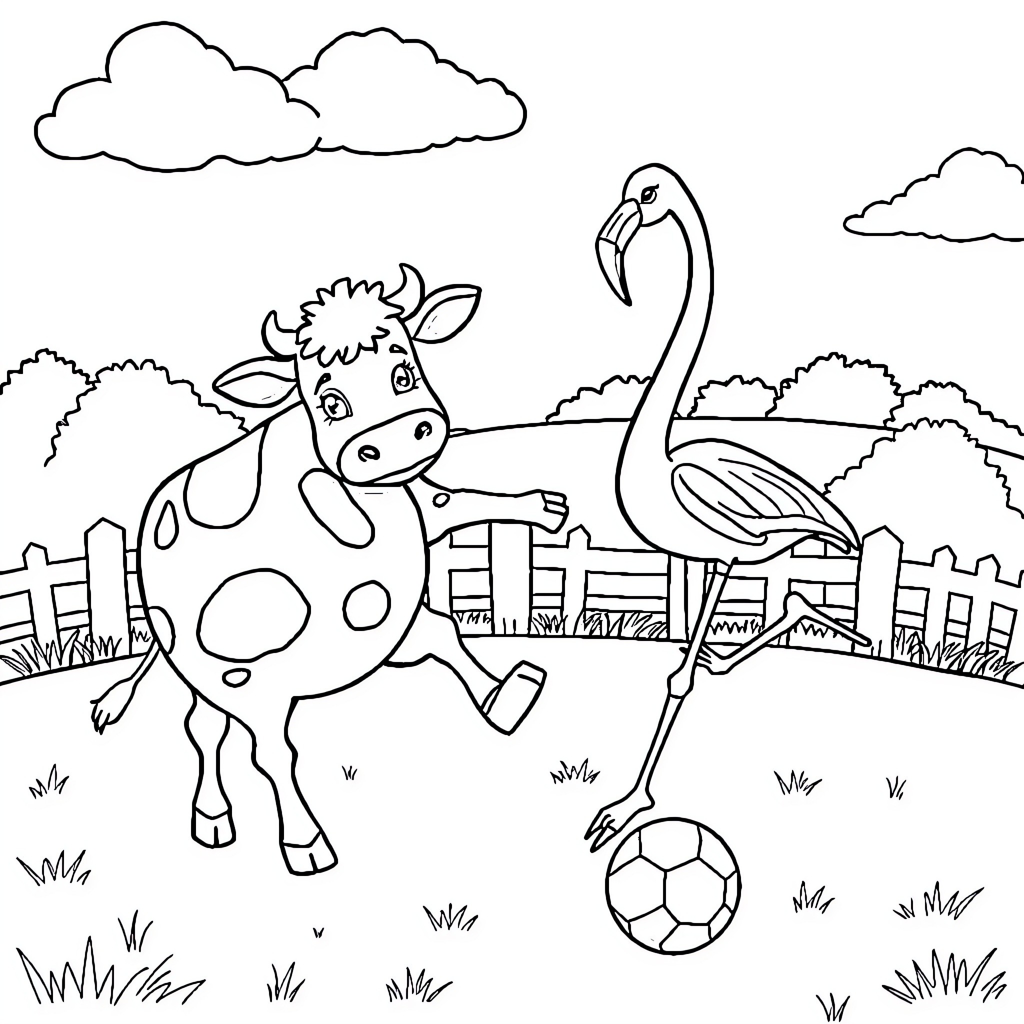 Cow and flamingo playing with a soccer ball Coloring Page (free black-and-white line drawing printable PDF for all, from beginners to advanced learners, including children, teens, adults, and seniors)