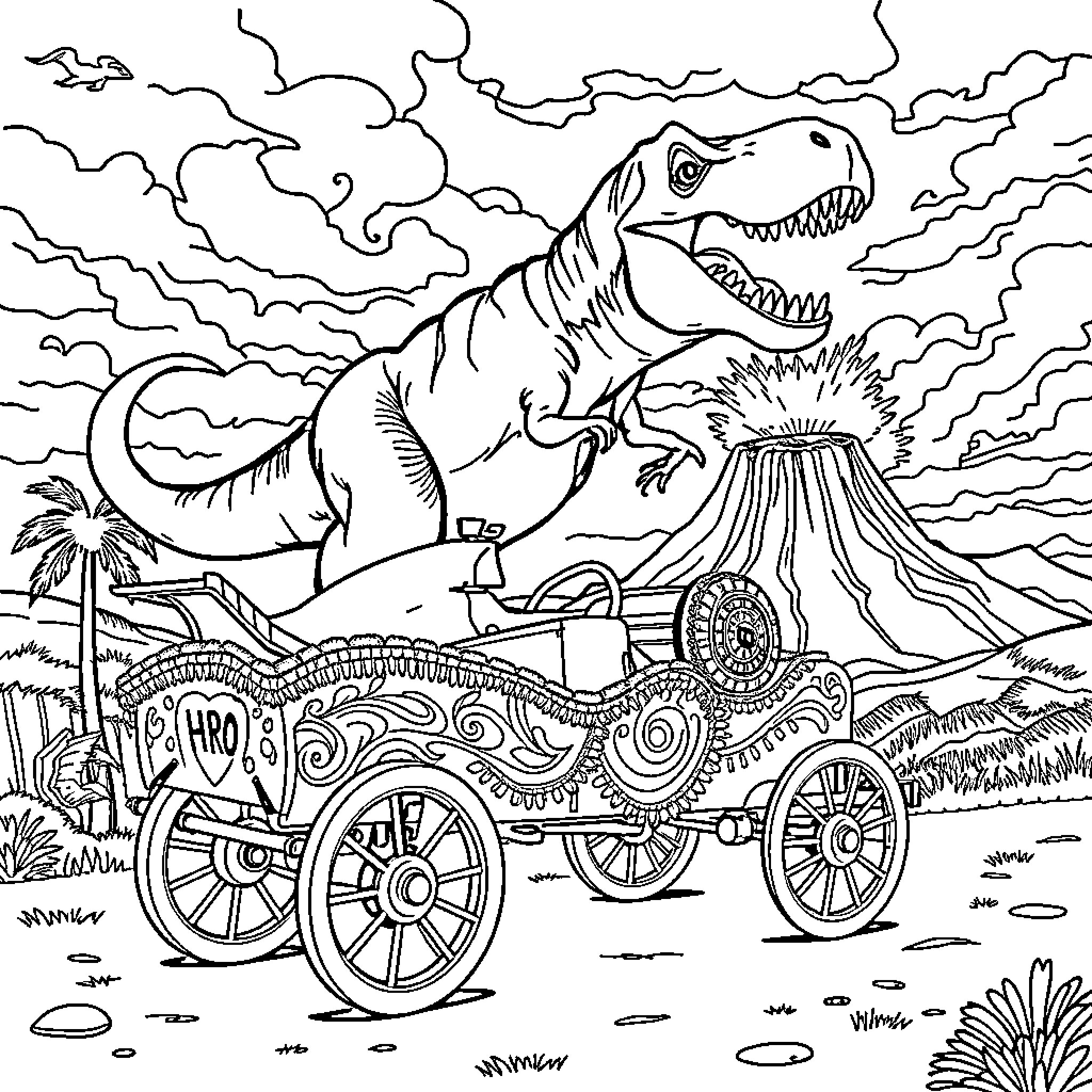 Carnaval of Prehistoric Creatures in Motion Coloring Page (free black-and-white line drawing printable PDF for all, from beginners to advanced learners, including children, teens, adults, and seniors)