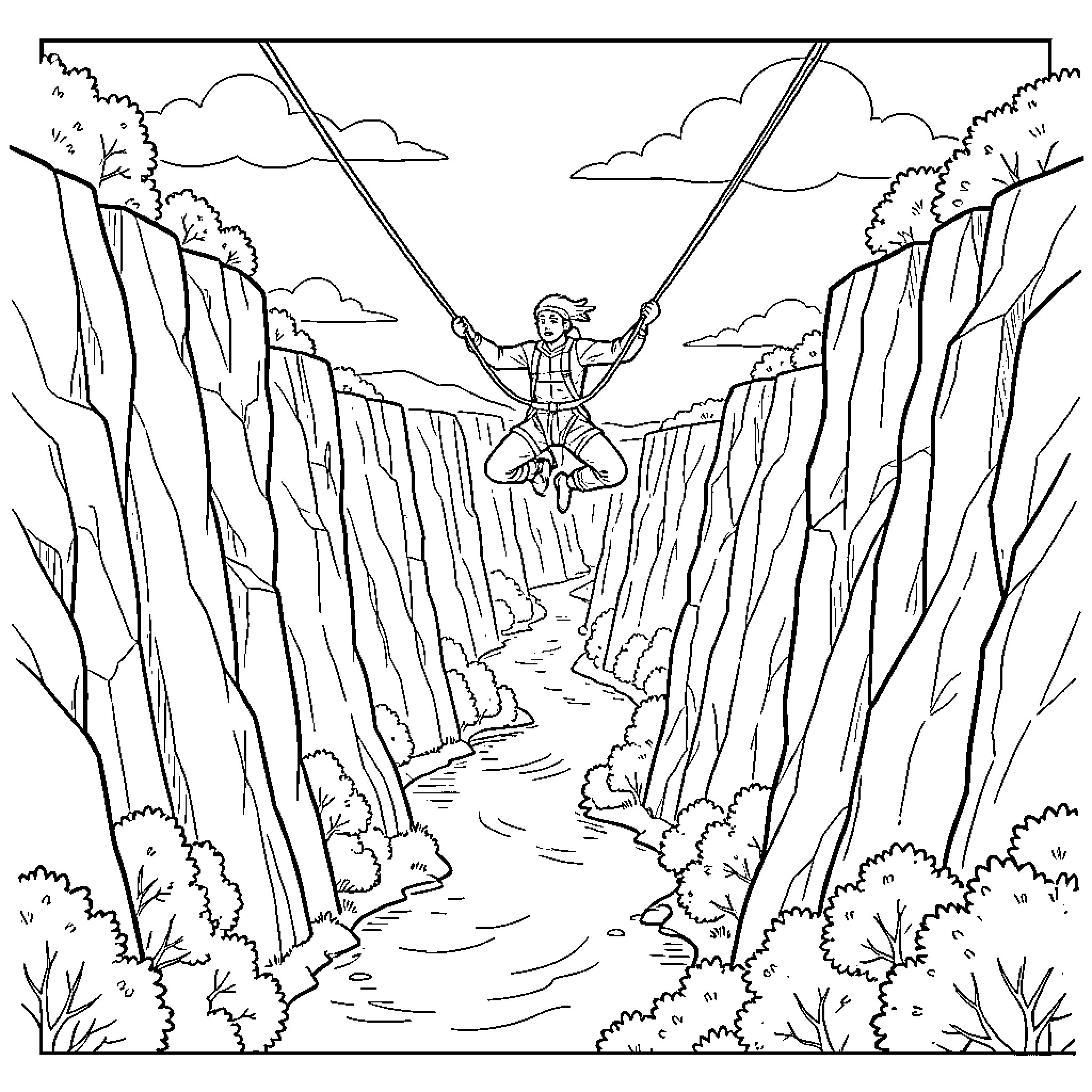 Sangoku swinging on ropes between steep canyon cliffs Coloring Page (free black-and-white line drawing printable PDF for all, from beginners to advanced learners, including children, teens, adults, and seniors)
