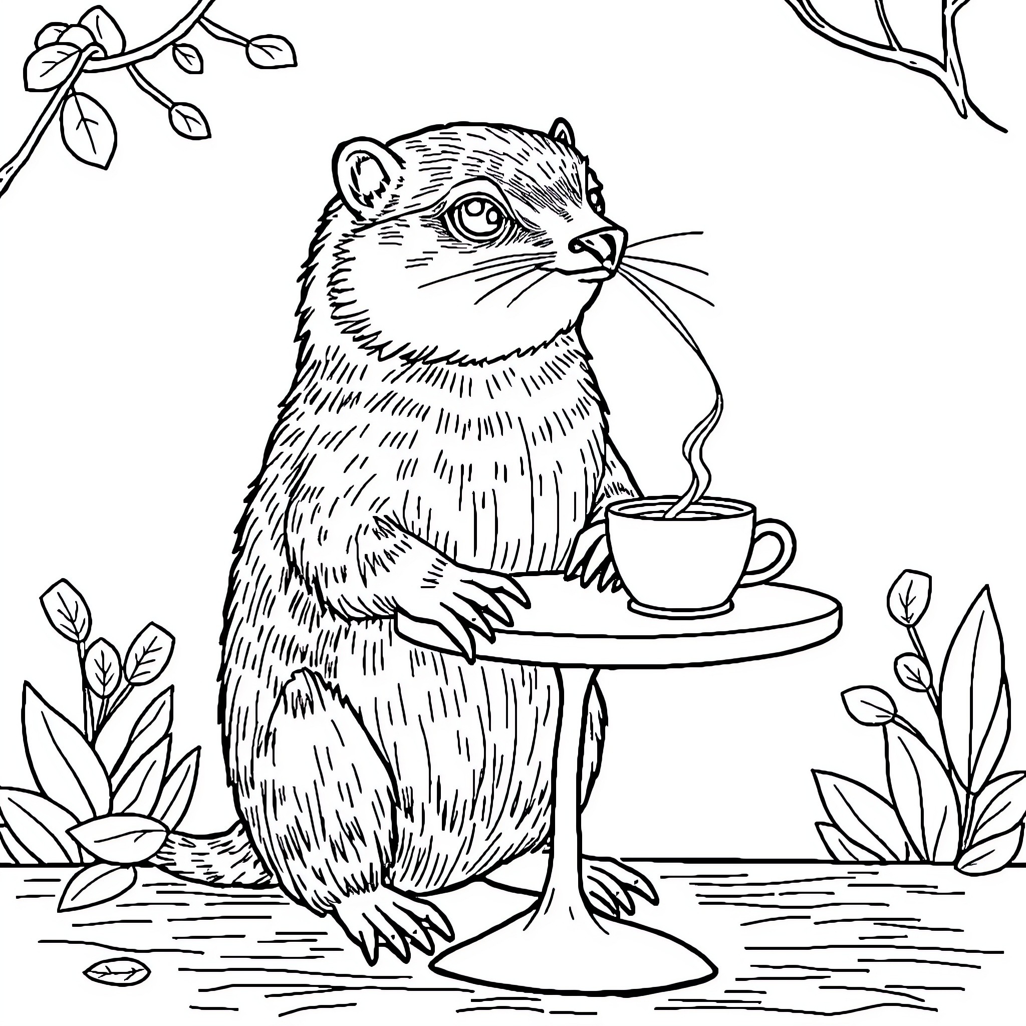 Otter enjoying a warm beverage in nature Coloring Page (free black-and-white line drawing printable PDF for all, from beginners to advanced learners, including children, teens, adults, and seniors)
