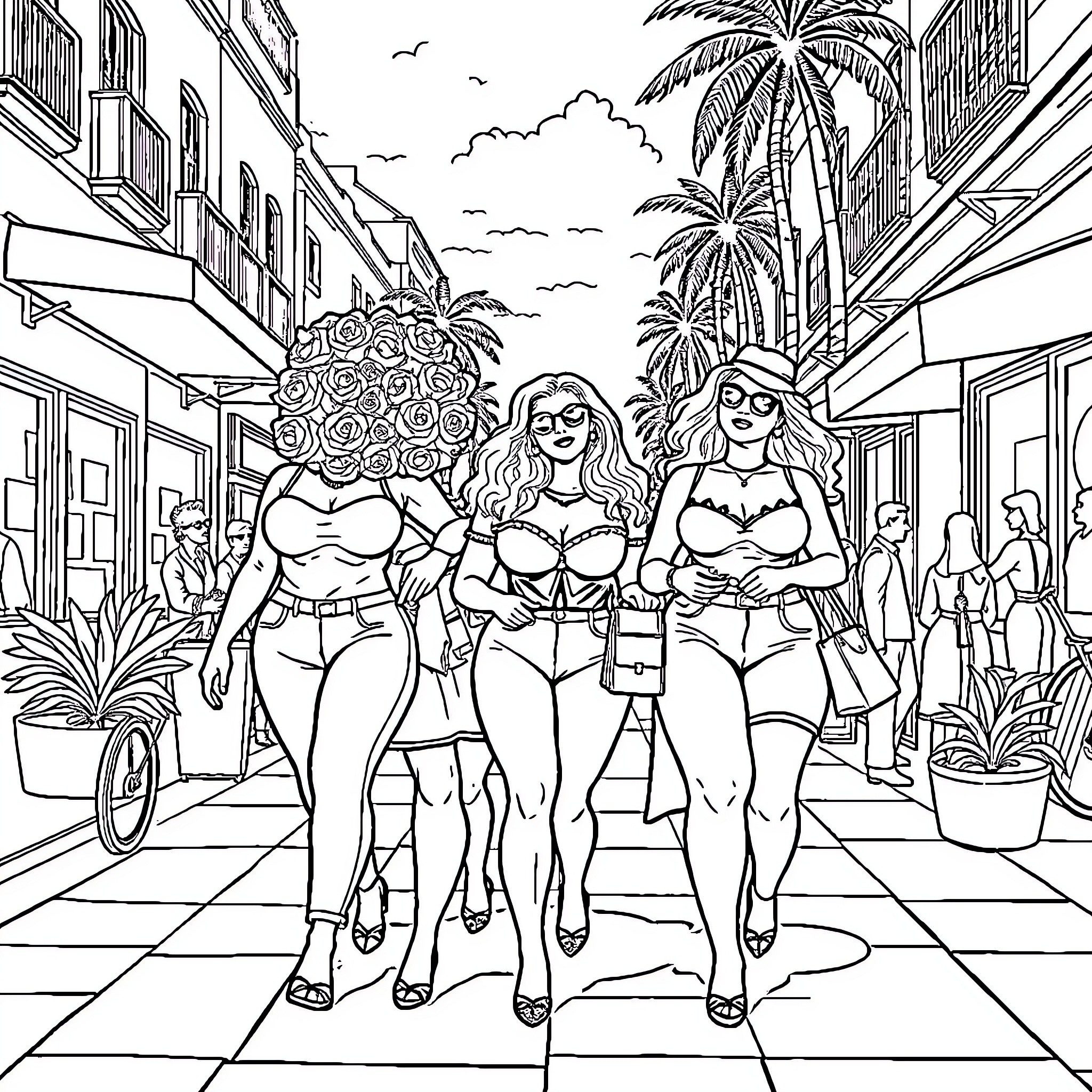 Latina Women Strutting with Confidence on City Street Coloring Page (free black-and-white line drawing printable PDF for all, from beginners to advanced learners, including children, teens, adults, and seniors)