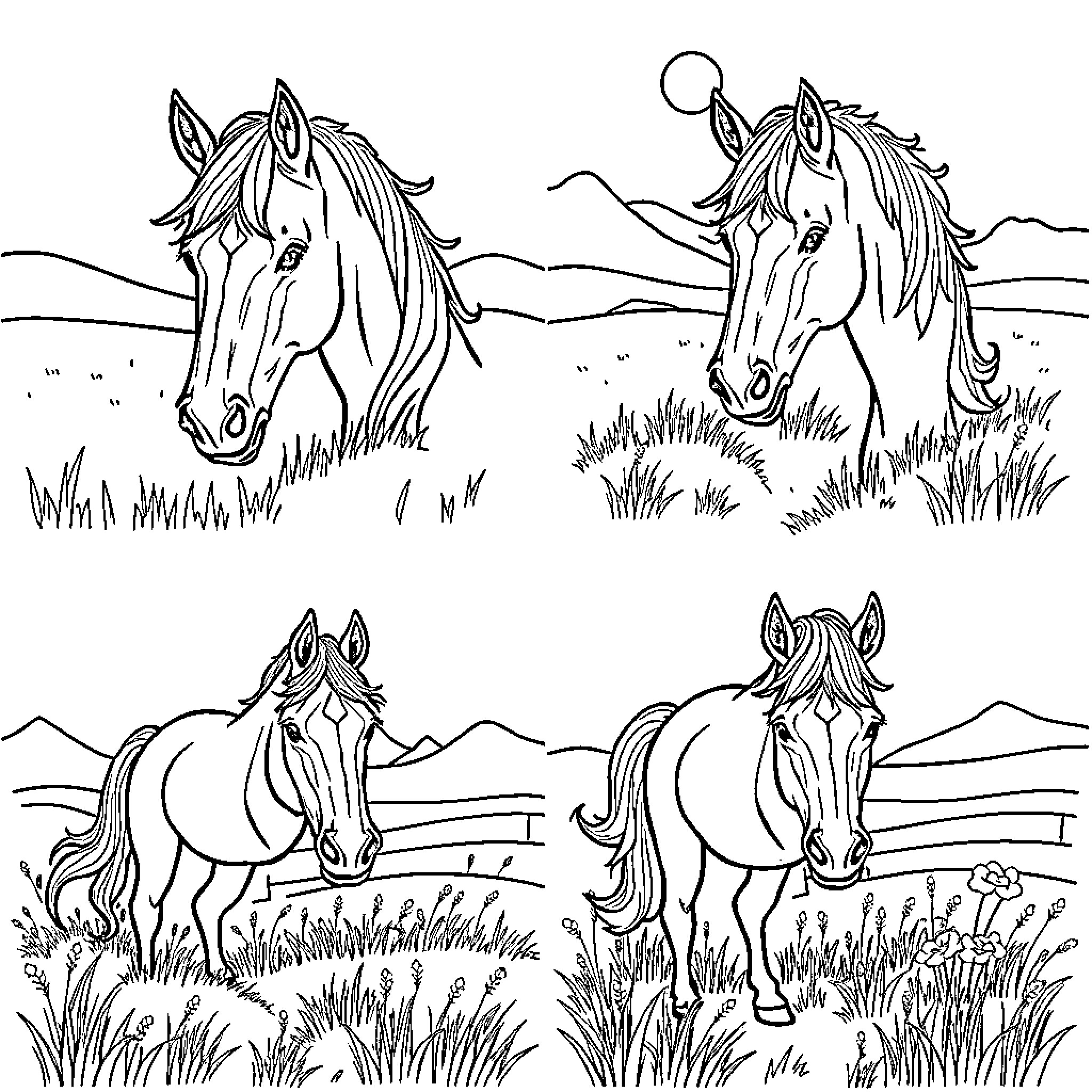 Horses grazing peacefully in rural landscapes Coloring Page (free black-and-white line drawing printable PDF for all, from beginners to advanced learners, including children, teens, adults, and seniors)