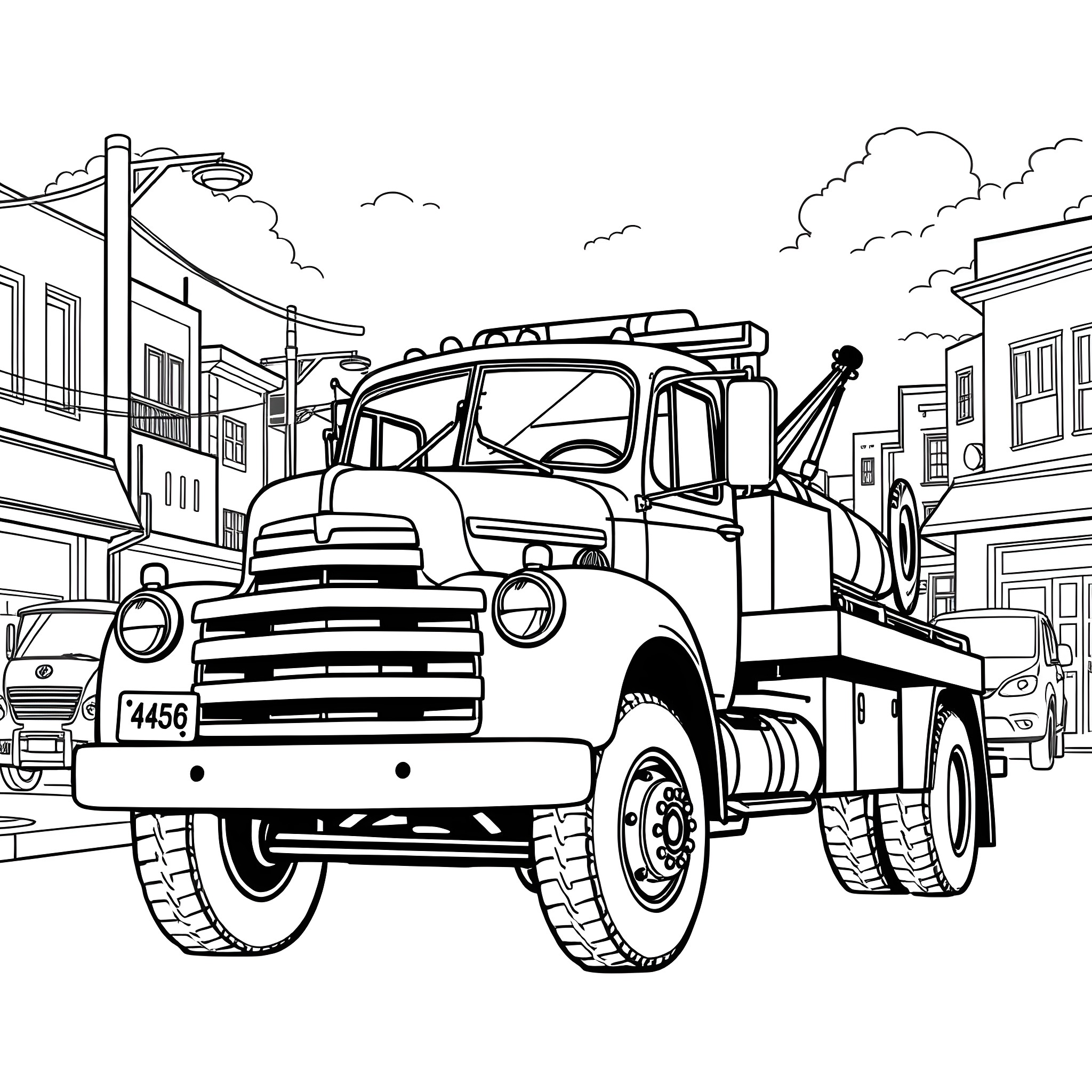 Tow Truck Assisting a Stranded Vehicle in the City Coloring Page (free black-and-white line drawing printable PDF for all, from beginners to advanced learners, including children, teens, adults, and seniors)