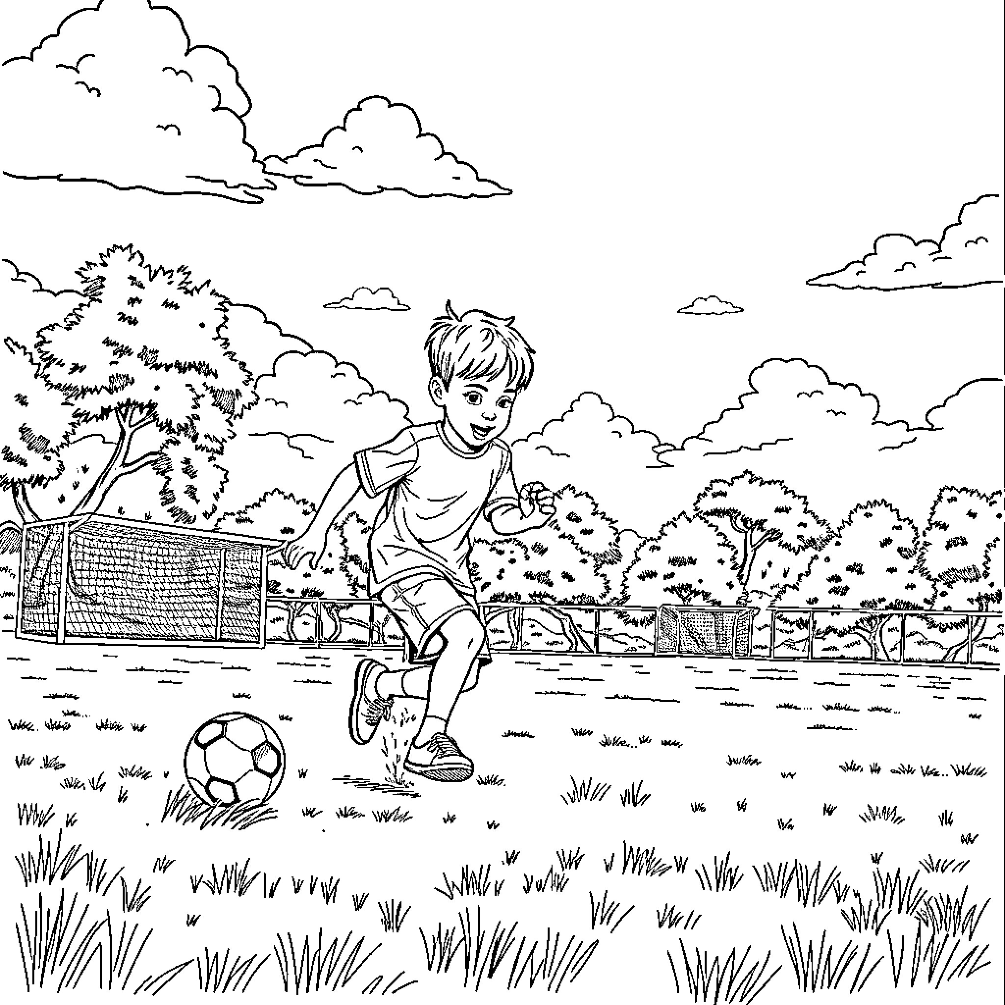 Hijo playing football in the park Coloring Page (free black-and-white line drawing printable PDF for all, from beginners to advanced learners, including children, teens, adults, and seniors)