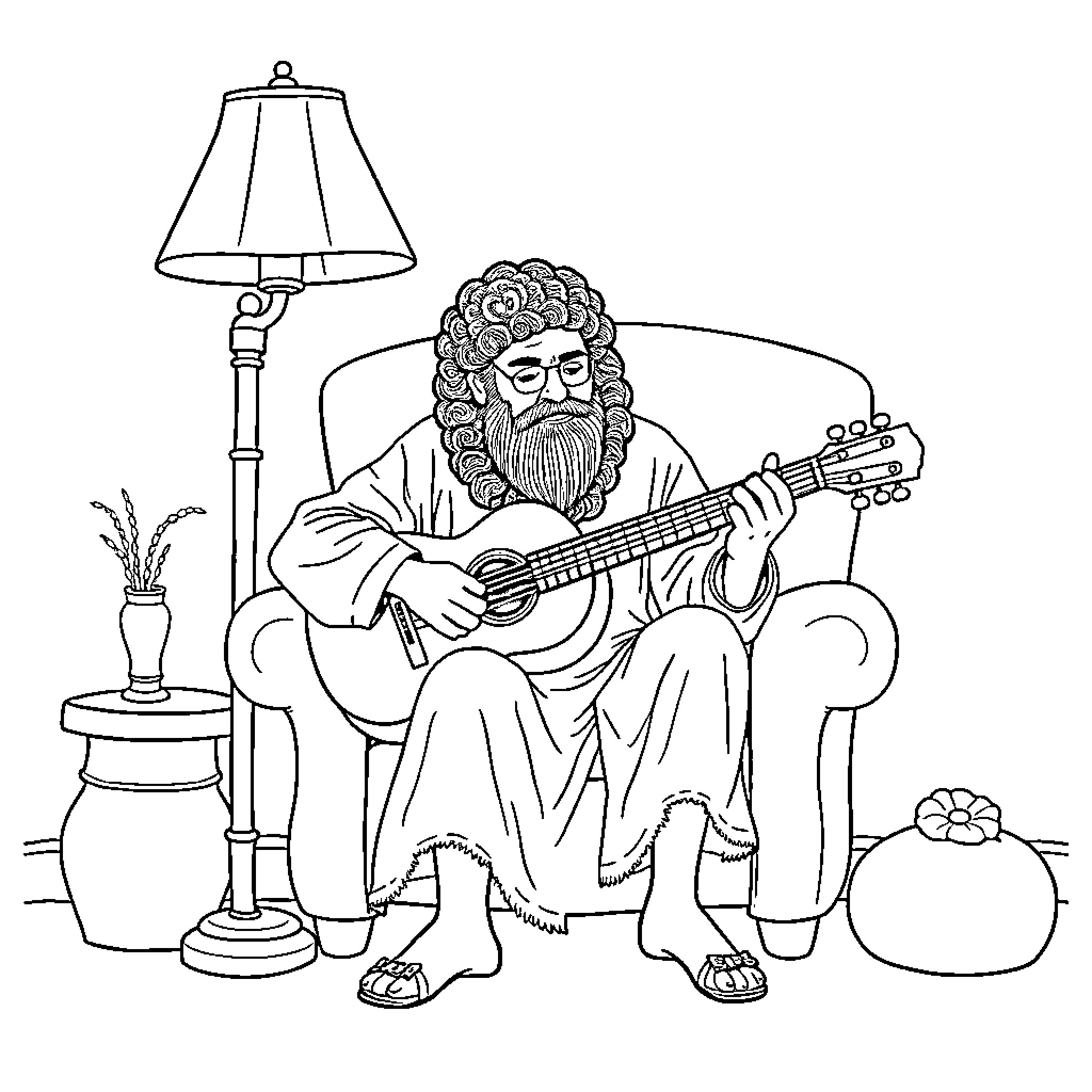 Huntrix Rumi playing guitar in cozy interior Coloring Page (free black-and-white line drawing printable PDF for all, from beginners to advanced learners, including children, teens, adults, and seniors)