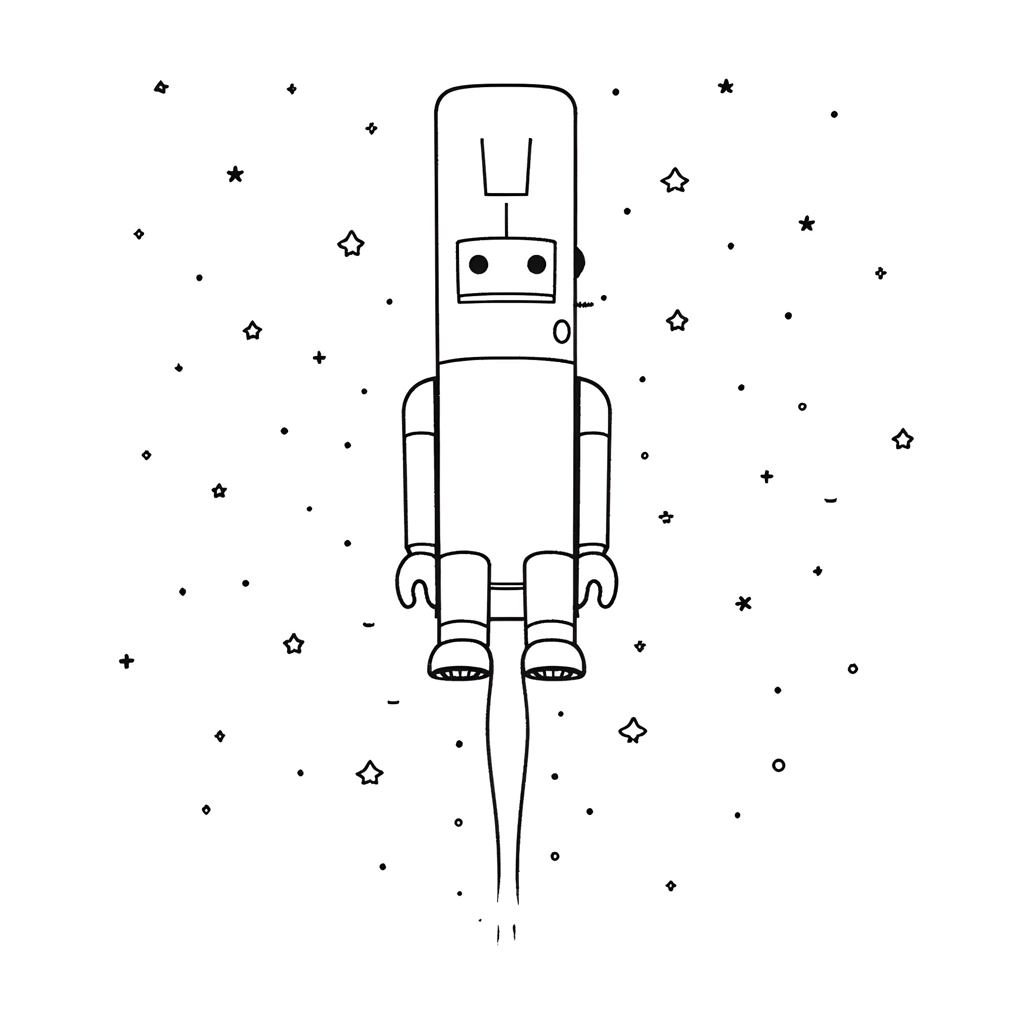 Robot in the starry night Coloring Page (free black-and-white line drawing printable PDF for all, from beginners to advanced learners, including children, teens, adults, and seniors)