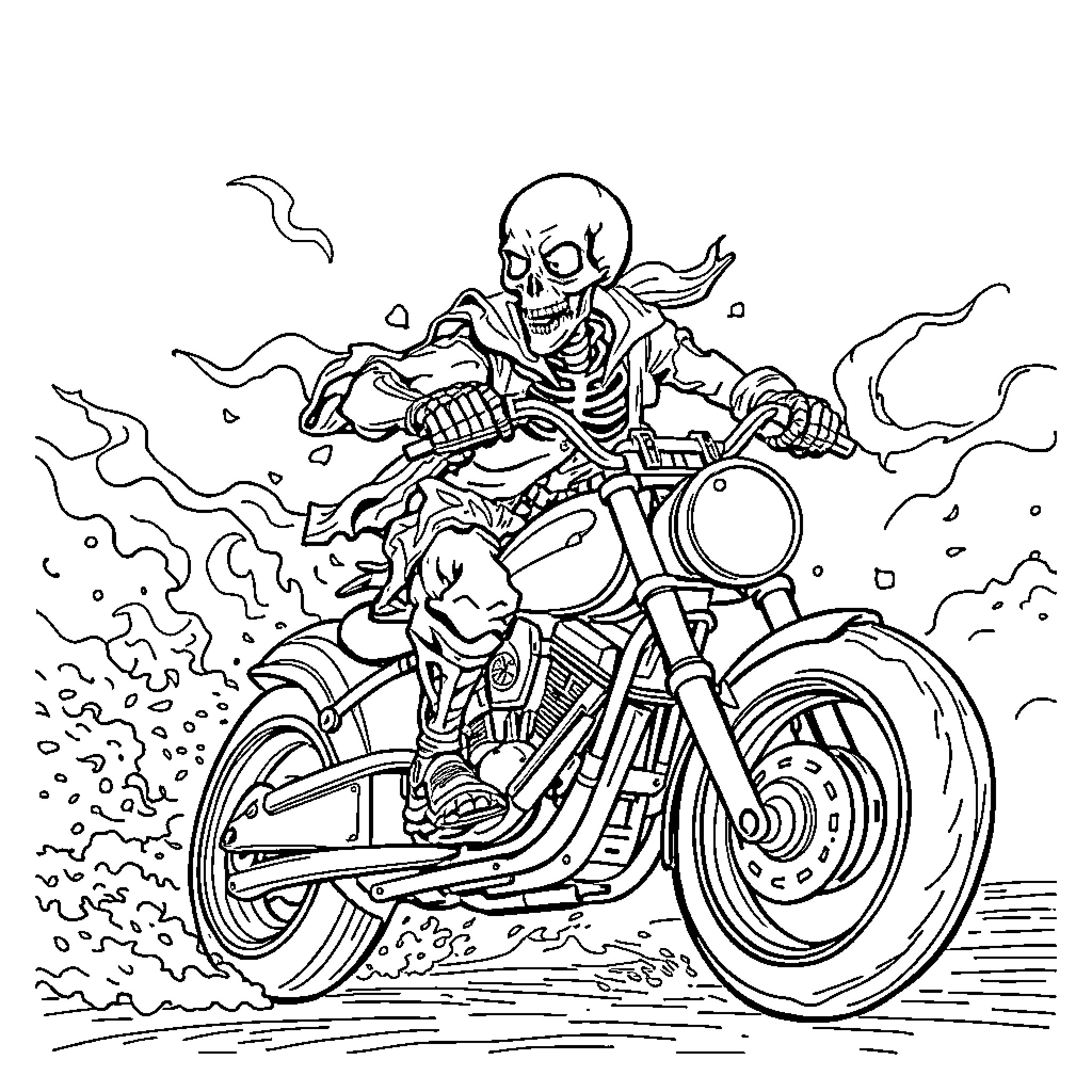 Skeleton riding motorcycle in high speed action Coloring Page (free black-and-white line drawing printable PDF for all, from beginners to advanced learners, including children, teens, adults, and seniors)