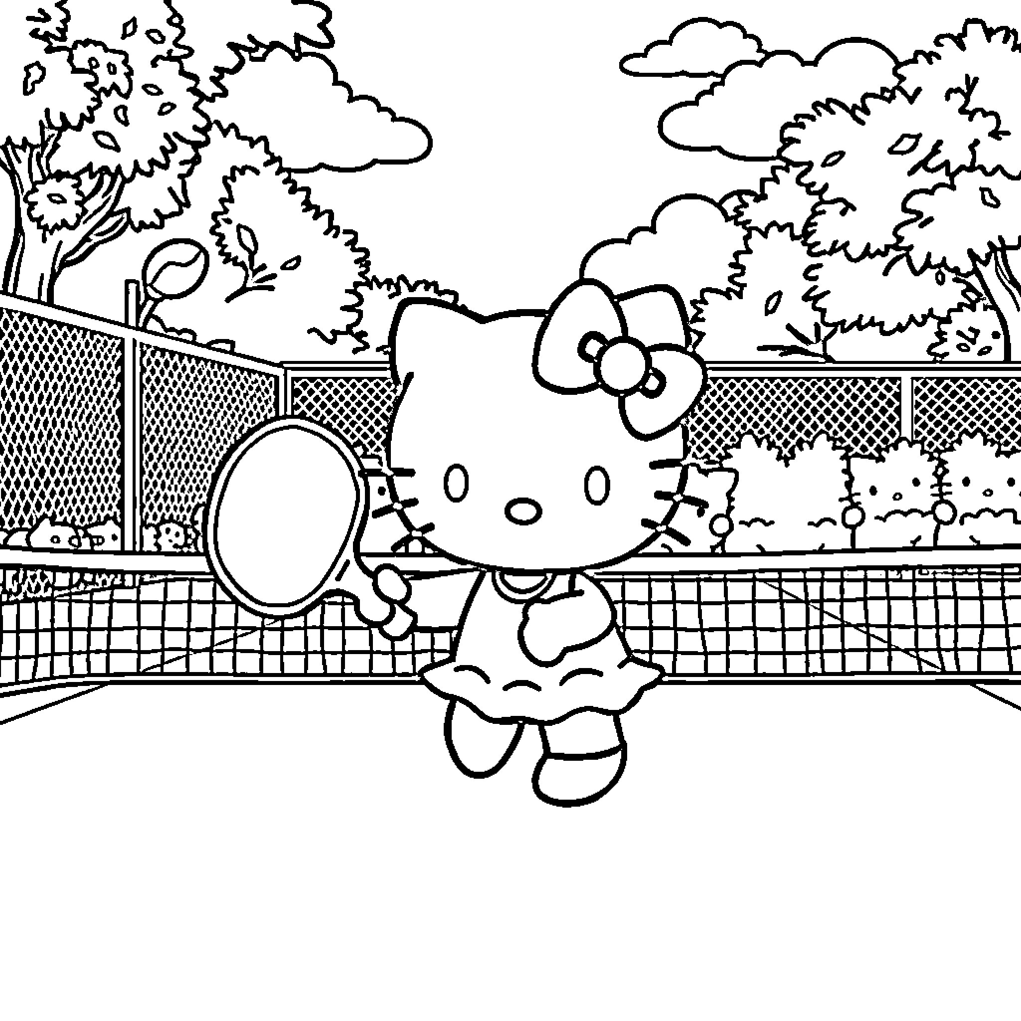 Hello Kitty playing in the park Coloring Page (free black-and-white line drawing printable PDF for all, from beginners to advanced learners, including children, teens, adults, and seniors)