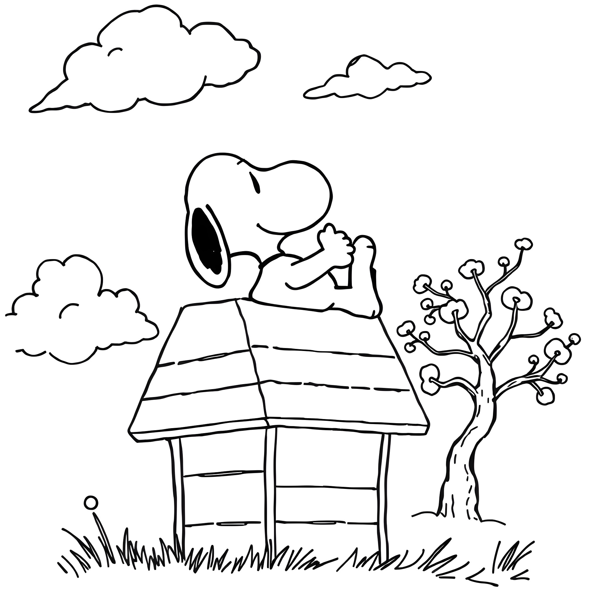 Snoopy relaxing on doghouse in the park Coloring Page (free black-and-white line drawing printable PDF for all, from beginners to advanced learners, including children, teens, adults, and seniors)