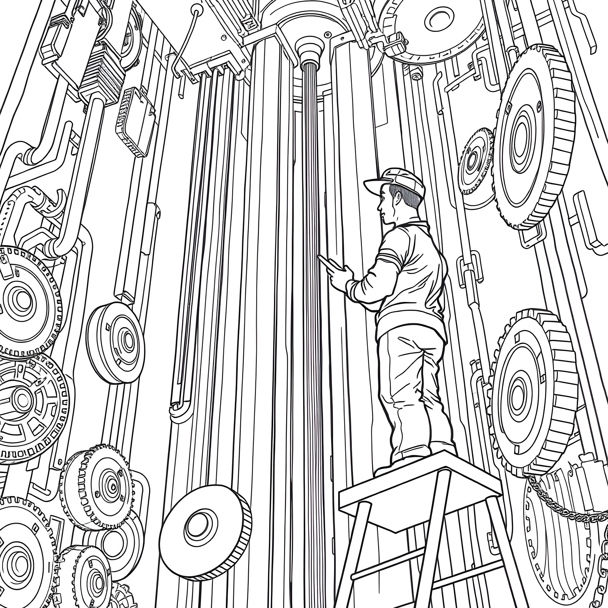 Elevator Technician Inspecting Complex Mechanical System Coloring Page (free black-and-white line drawing printable PDF for all, from beginners to advanced learners, including children, teens, adults, and seniors)