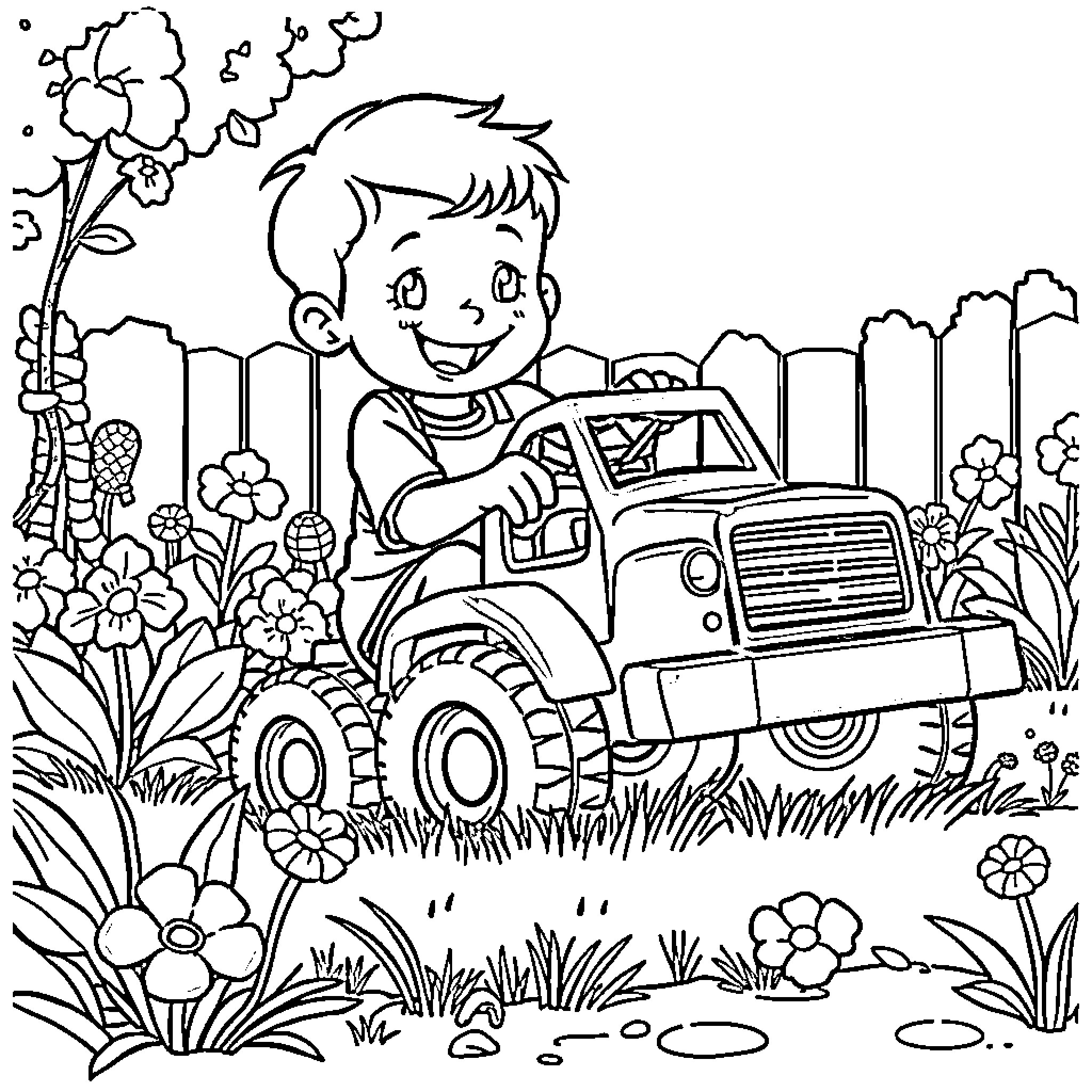 Kid driving tractor in flower garden Coloring Page (free black-and-white line drawing printable PDF for all, from beginners to advanced learners, including children, teens, adults, and seniors)