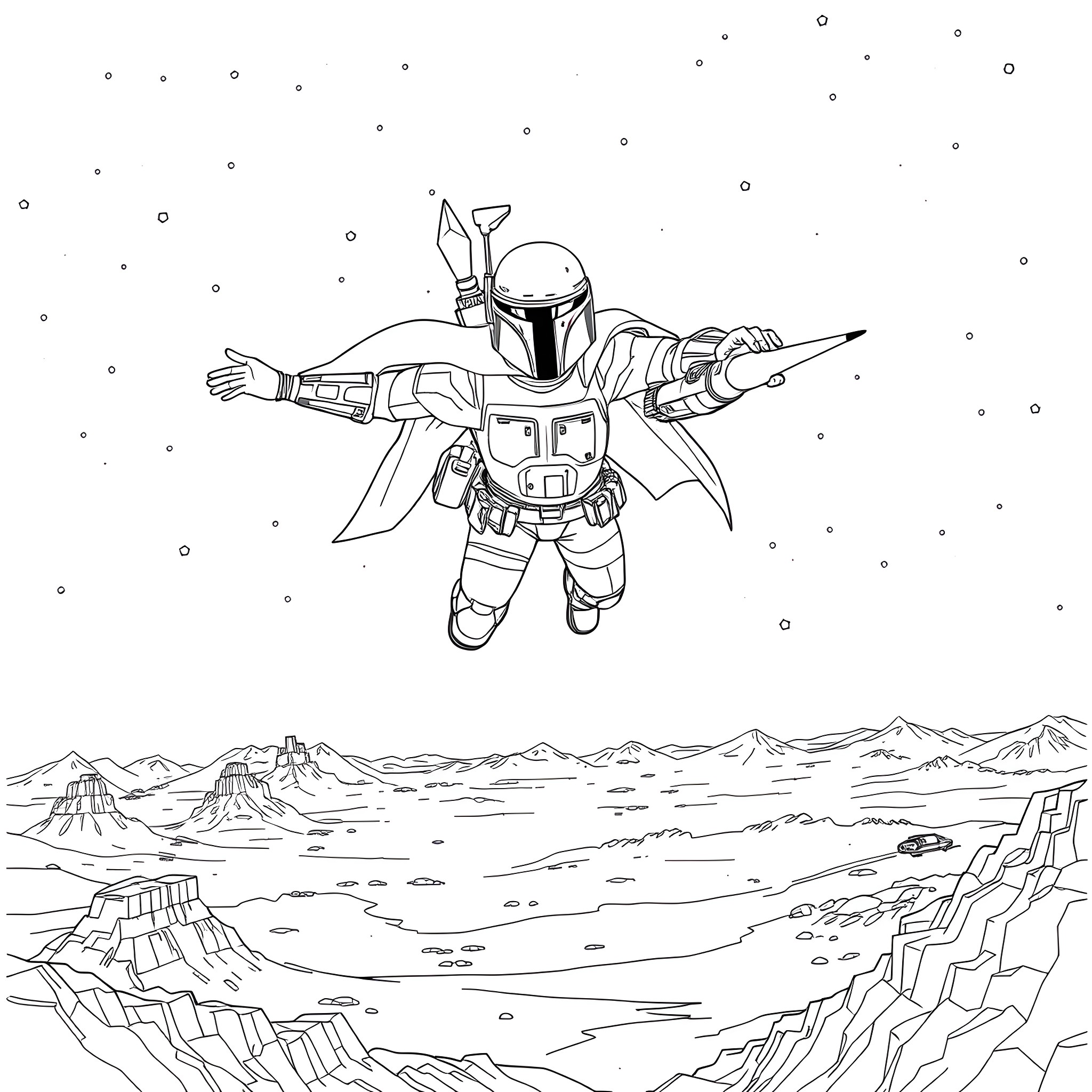 Boba Fett soaring through the galaxy Coloring Page (free black-and-white line drawing printable PDF for all, from beginners to advanced learners, including children, teens, adults, and seniors)