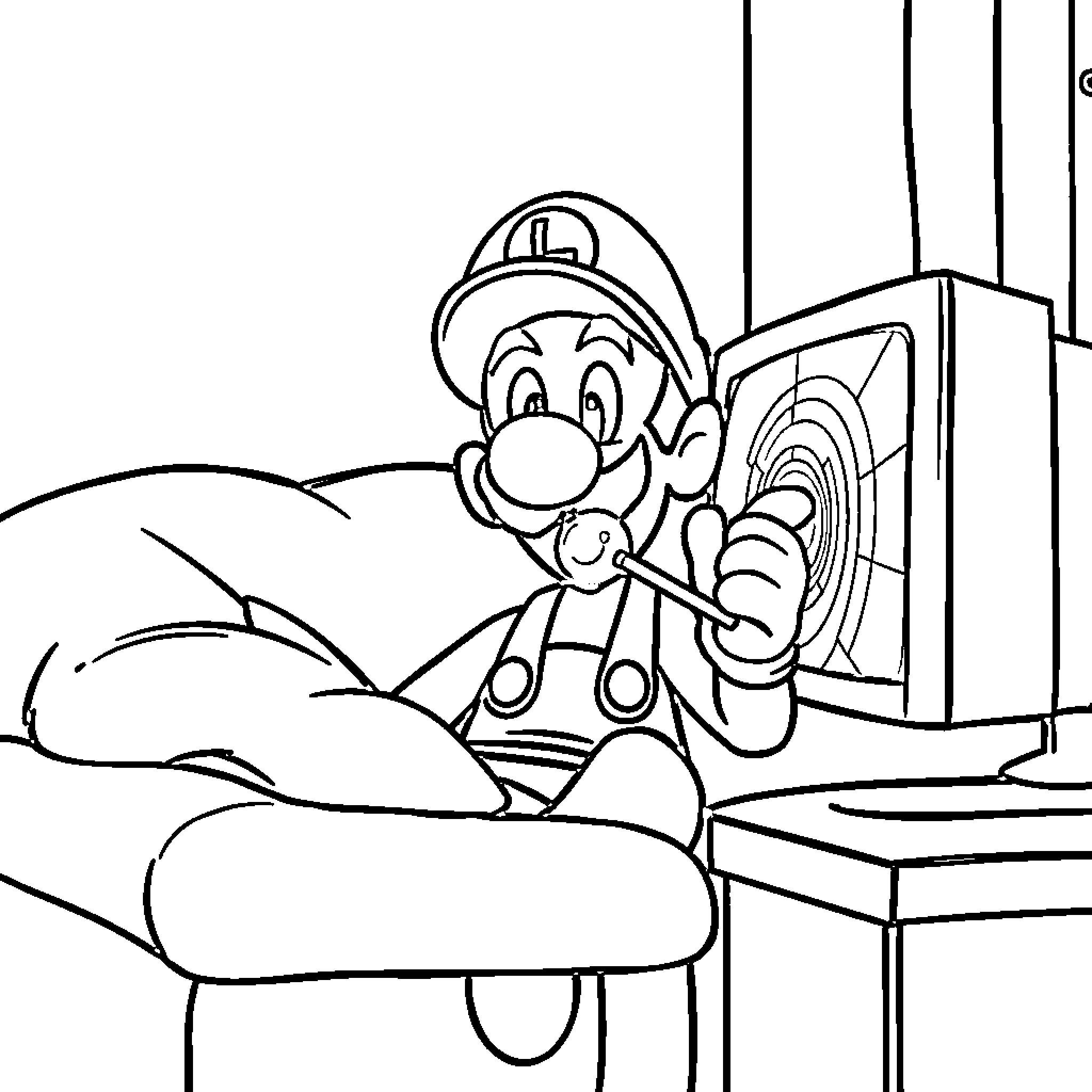 Luigi exploring a whimsical environment Coloring Page (free black-and-white line drawing printable PDF for all, from beginners to advanced learners, including children, teens, adults, and seniors)