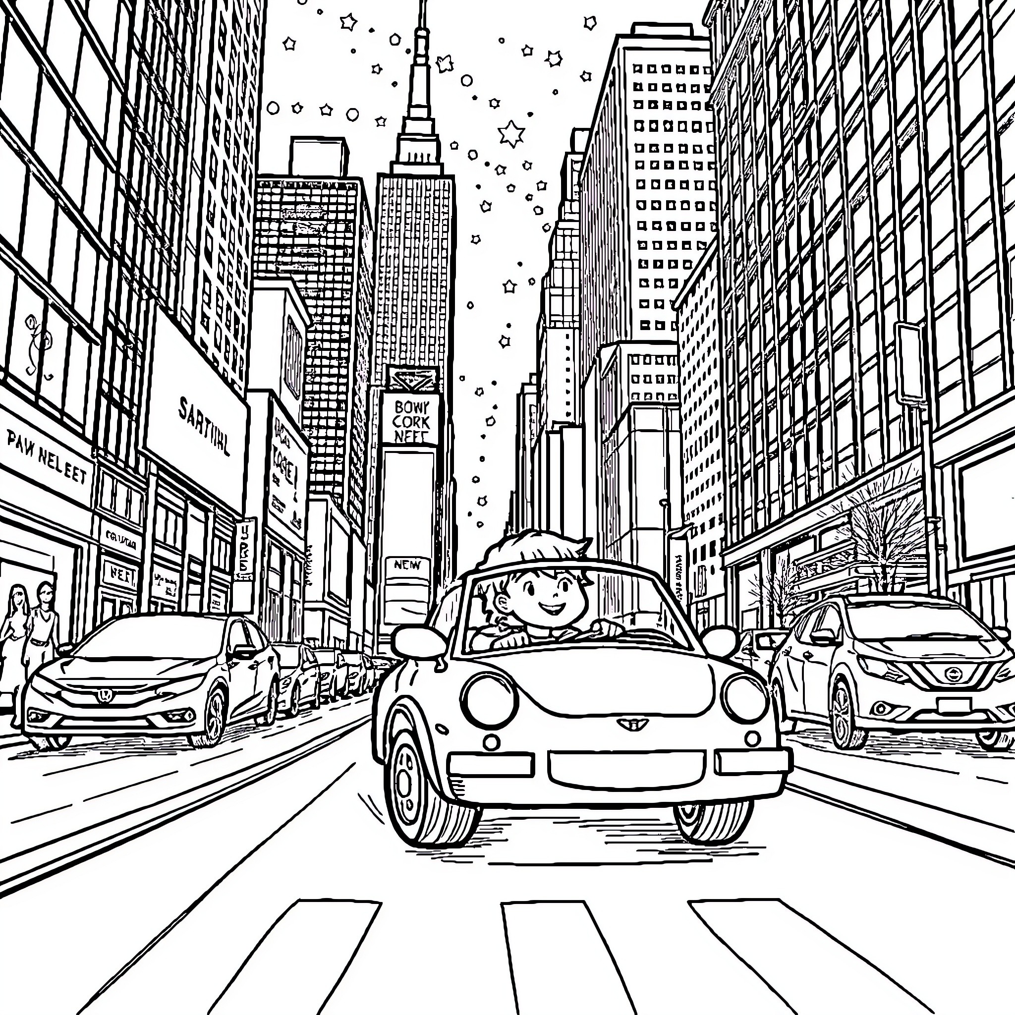 Child driving car in busy city street Coloring Page (free black-and-white line drawing printable PDF for all, from beginners to advanced learners, including children, teens, adults, and seniors)