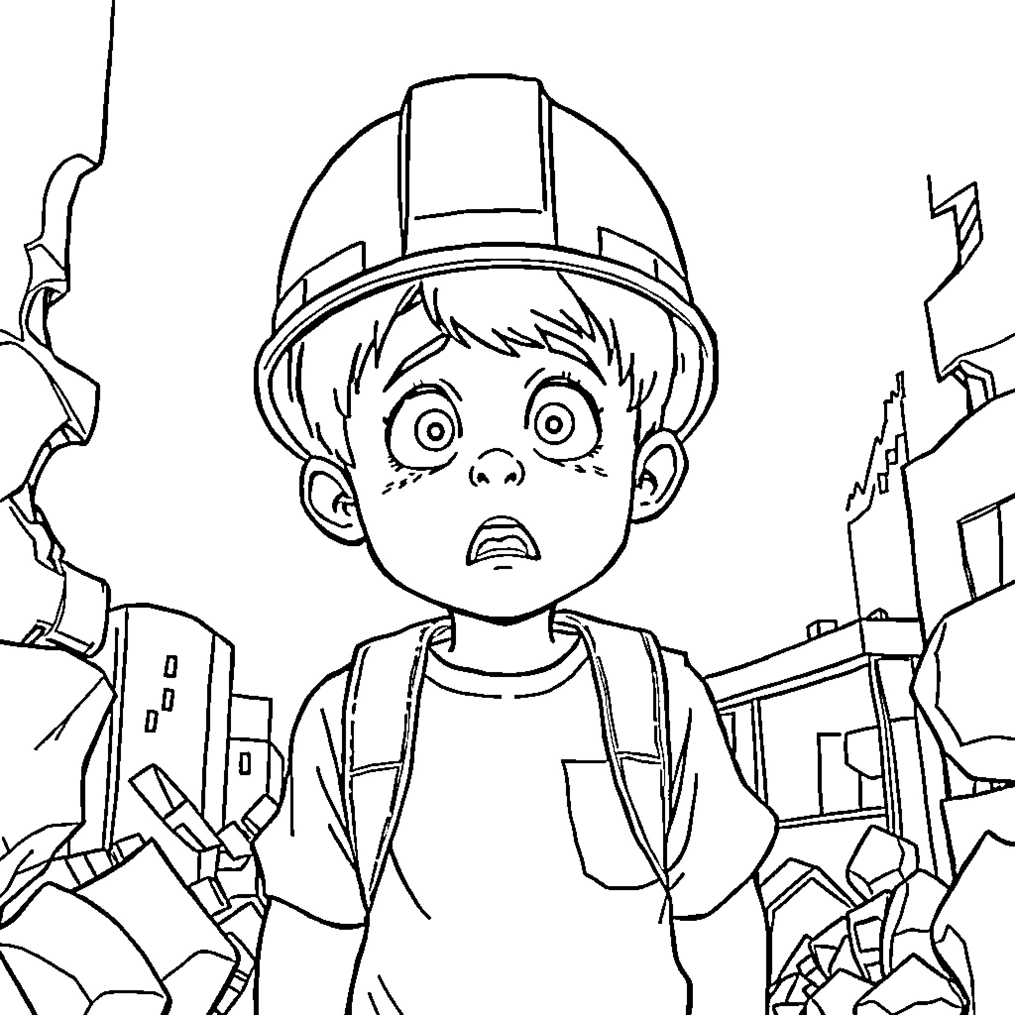 Kid in construction worker outfit amid ruins Coloring Page (free black-and-white line drawing printable PDF for all, from beginners to advanced learners, including children, teens, adults, and seniors)