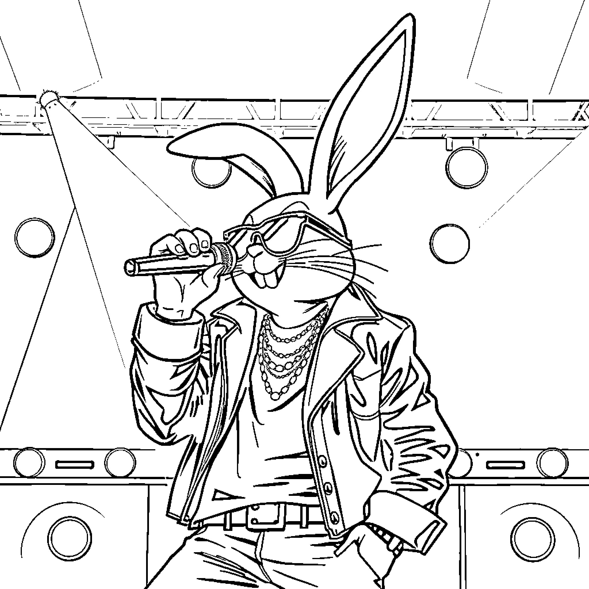 Bad Bunny's Animated Outlaw Persona on Stage Coloring Page (free black-and-white line drawing printable PDF for all, from beginners to advanced learners, including children, teens, adults, and seniors)