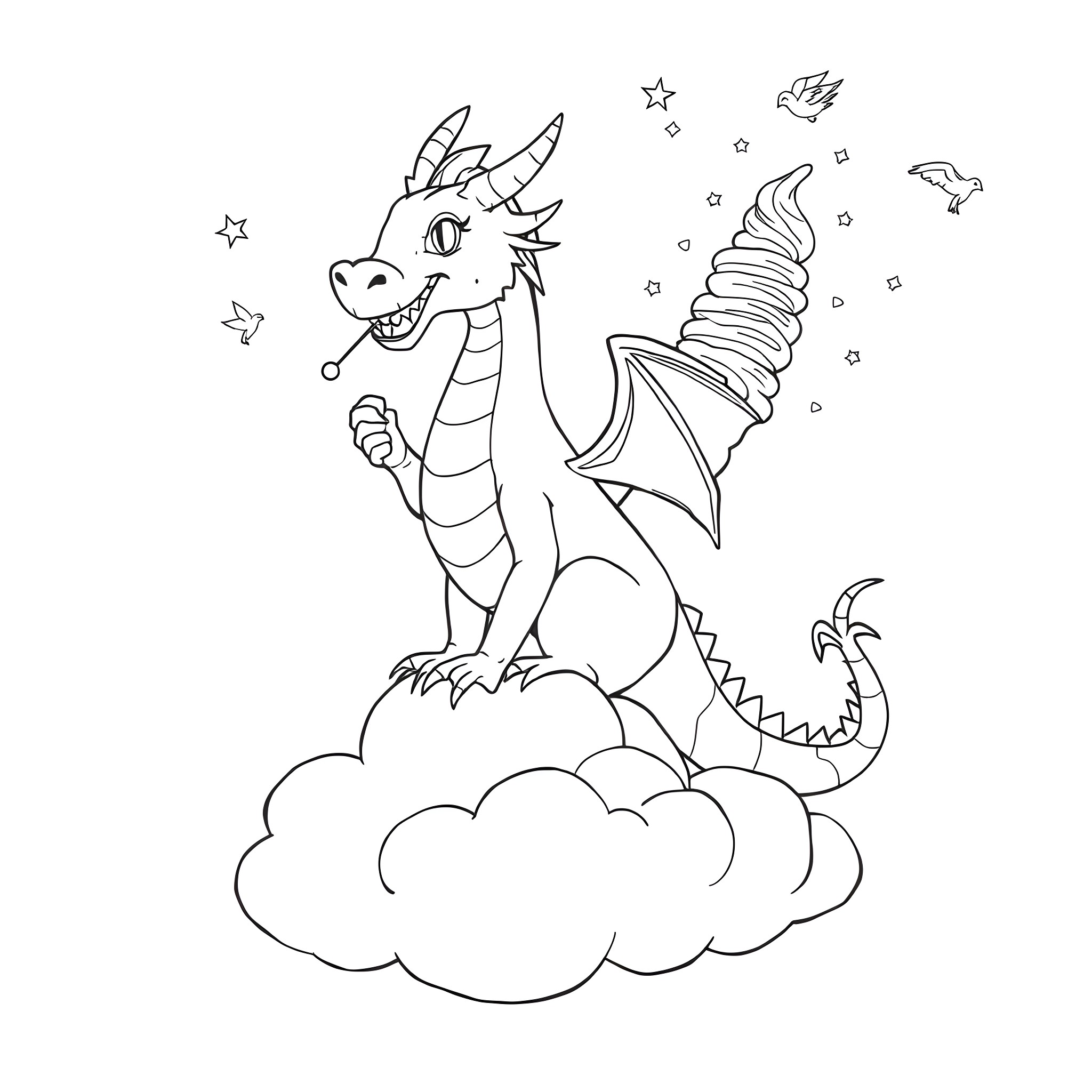 Dragon Playfully Soaring on Clouds with Stars Coloring Page (free black-and-white line drawing printable PDF for all, from beginners to advanced learners, including children, teens, adults, and seniors)