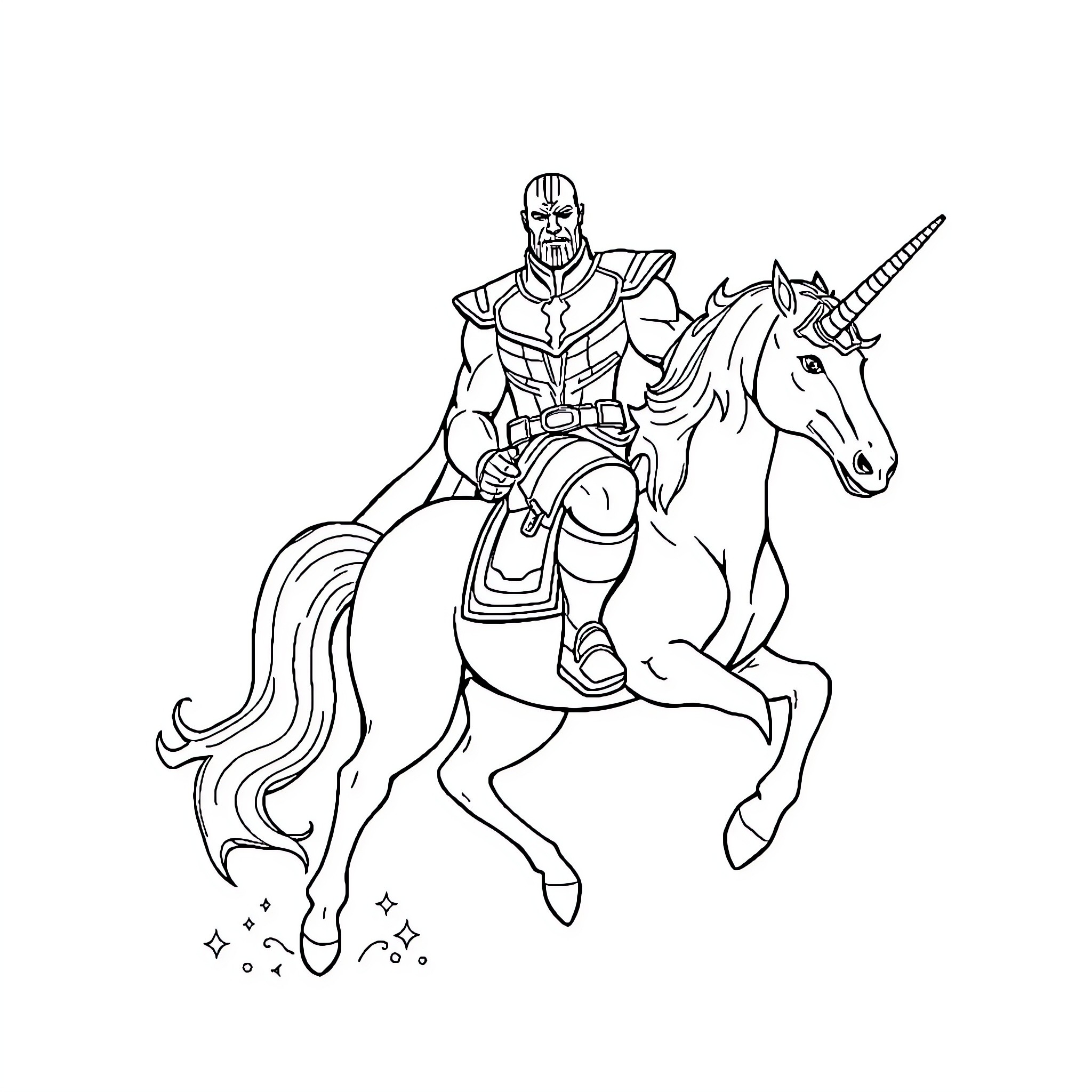 Thanos riding a magical unicorn Coloring Page (free black-and-white line drawing printable PDF for all, from beginners to advanced learners, including children, teens, adults, and seniors)