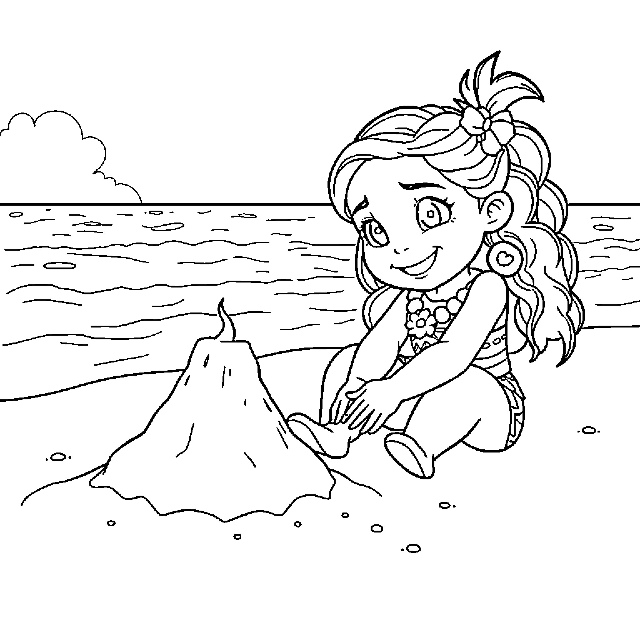 Moana Building a Sandcastle by the Ocean Coloring Page (free black-and-white line drawing printable PDF for all, from beginners to advanced learners, including children, teens, adults, and seniors)