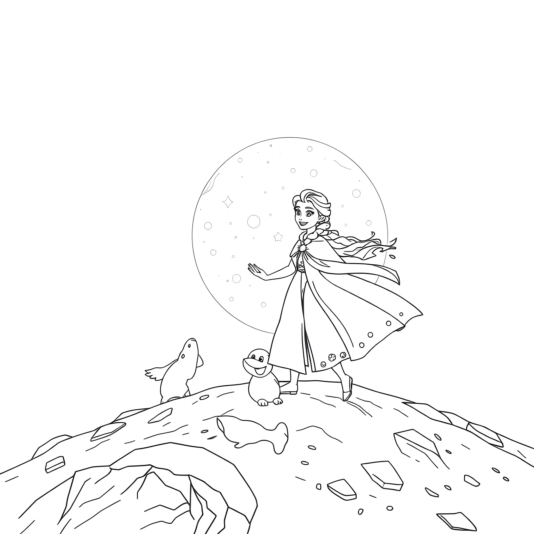 Anna's Wintry Adventure with Snowfriends Coloring Page (free black-and-white line drawing printable PDF for all, from beginners to advanced learners, including children, teens, adults, and seniors)