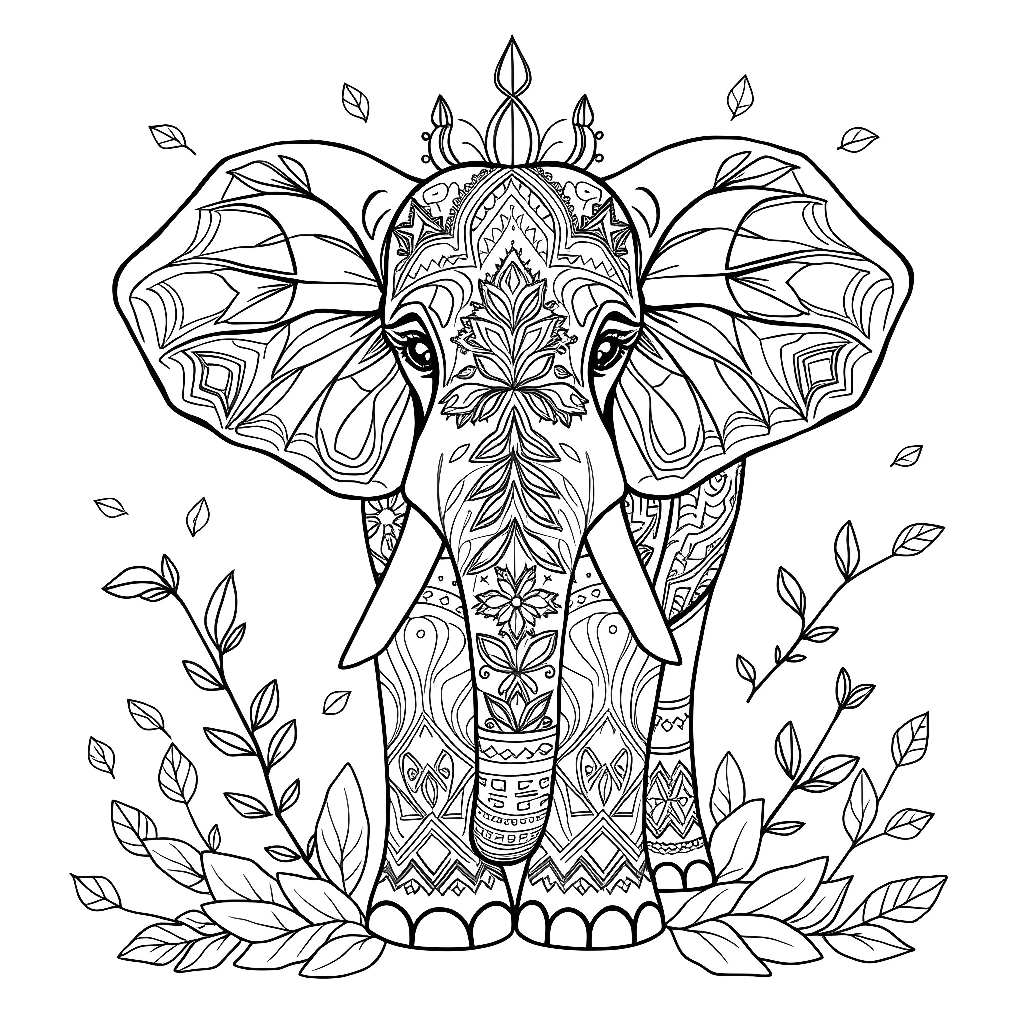 Elephant in ornate floral and leaf-filled environment Coloring Page (free black-and-white line drawing printable PDF for all, from beginners to advanced learners, including children, teens, adults, and seniors)