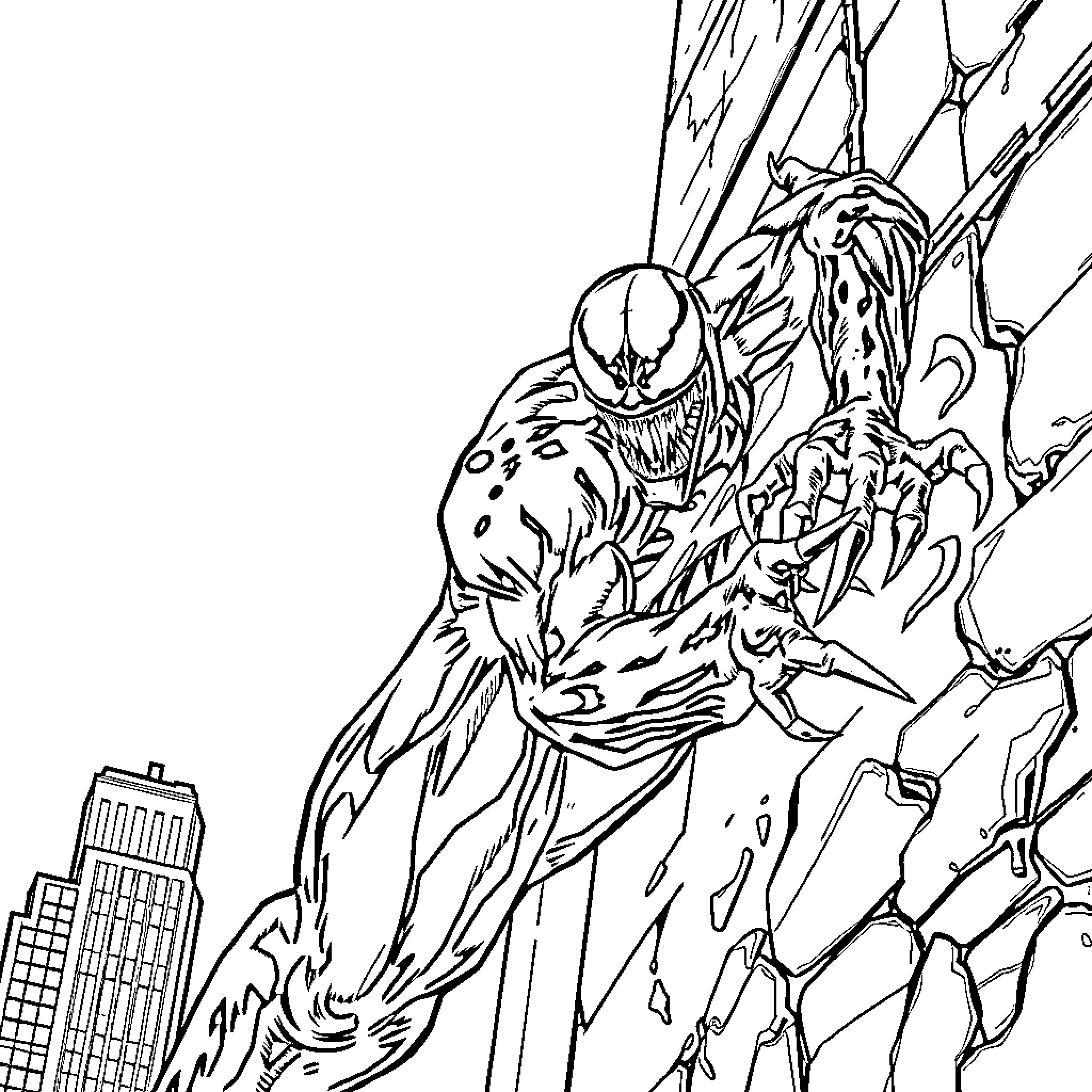 Venom leaping fiercely in a city setting Coloring Page (free black-and-white line drawing printable PDF for all, from beginners to advanced learners, including children, teens, adults, and seniors)