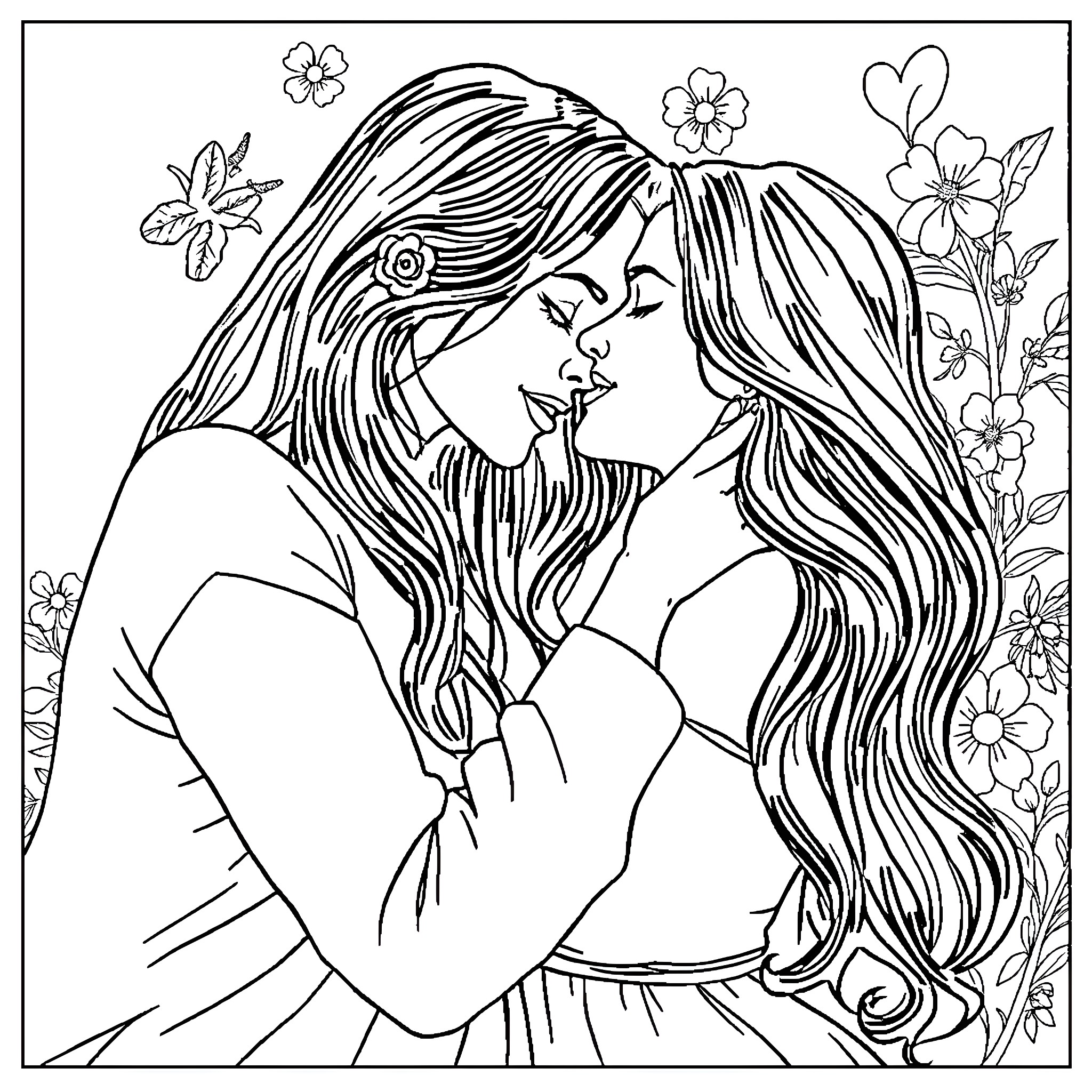 Lesbian lovers embracing in floral field Coloring Page (free black-and-white line drawing printable PDF for all, from beginners to advanced learners, including children, teens, adults, and seniors)