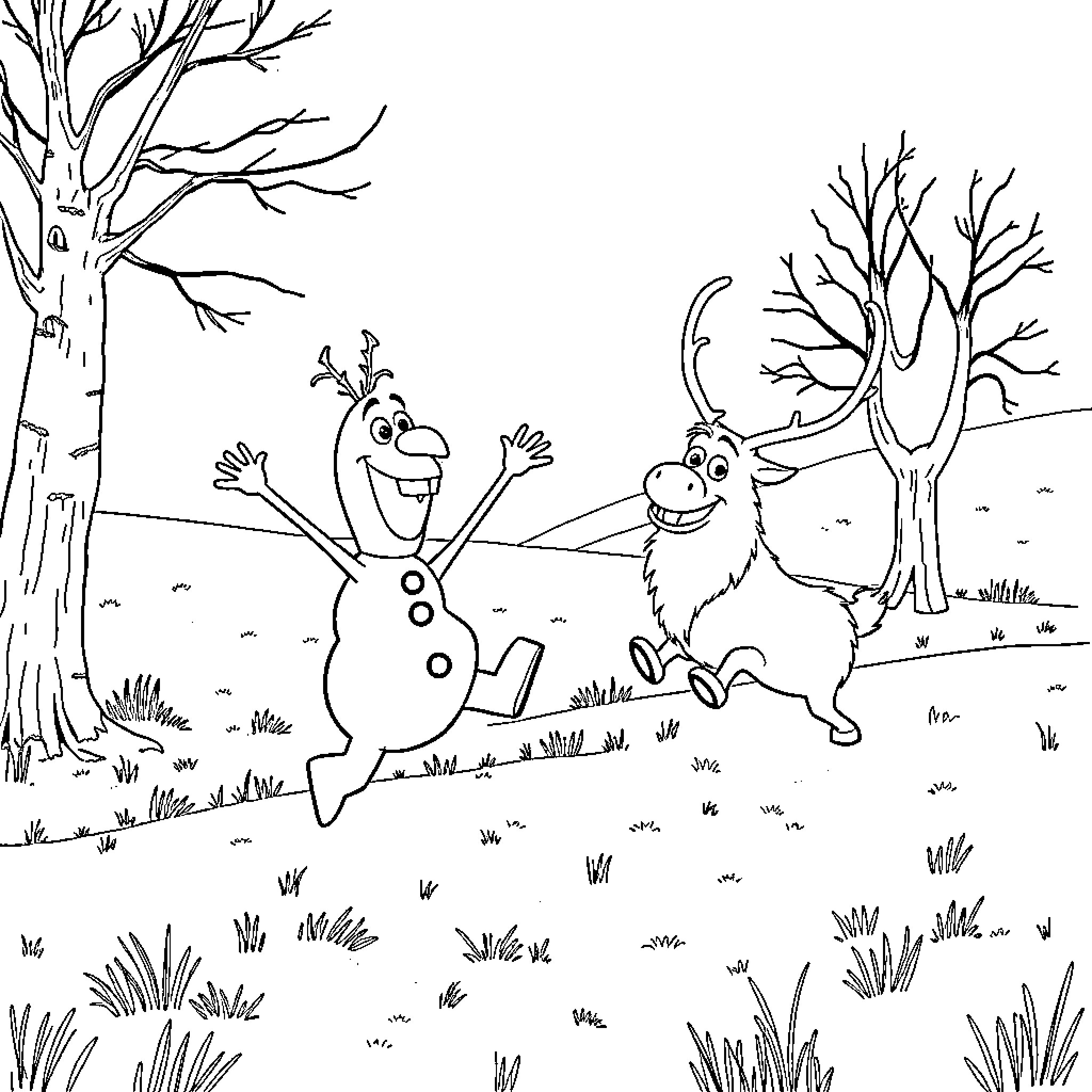 Olaf and Sven playing in the snowy forest Coloring Page (free black-and-white line drawing printable PDF for all, from beginners to advanced learners, including children, teens, adults, and seniors)