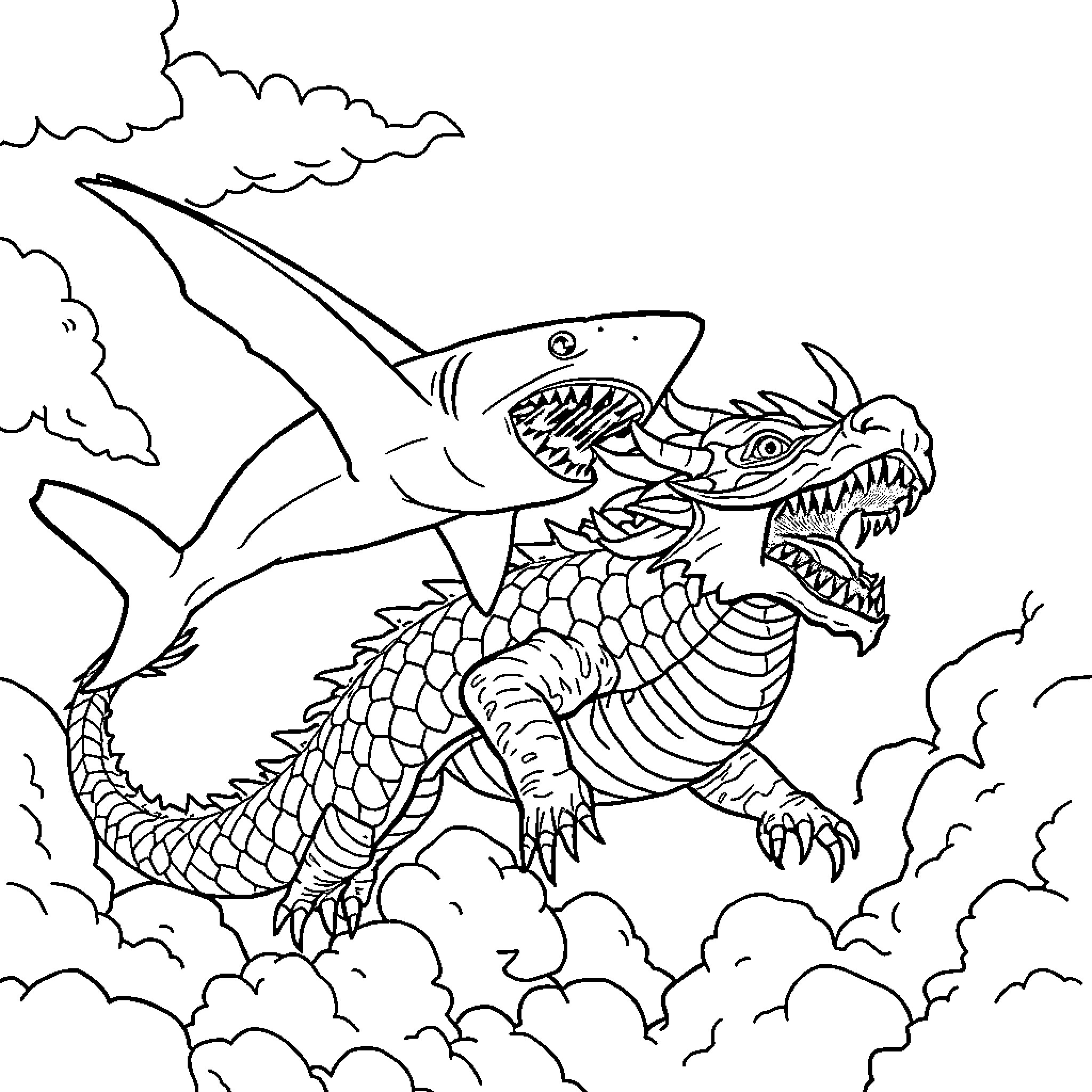 Flying Shark Battling Fierce Dragon in the Sky Coloring Page (free black-and-white line drawing printable PDF for all, from beginners to advanced learners, including children, teens, adults, and seniors)