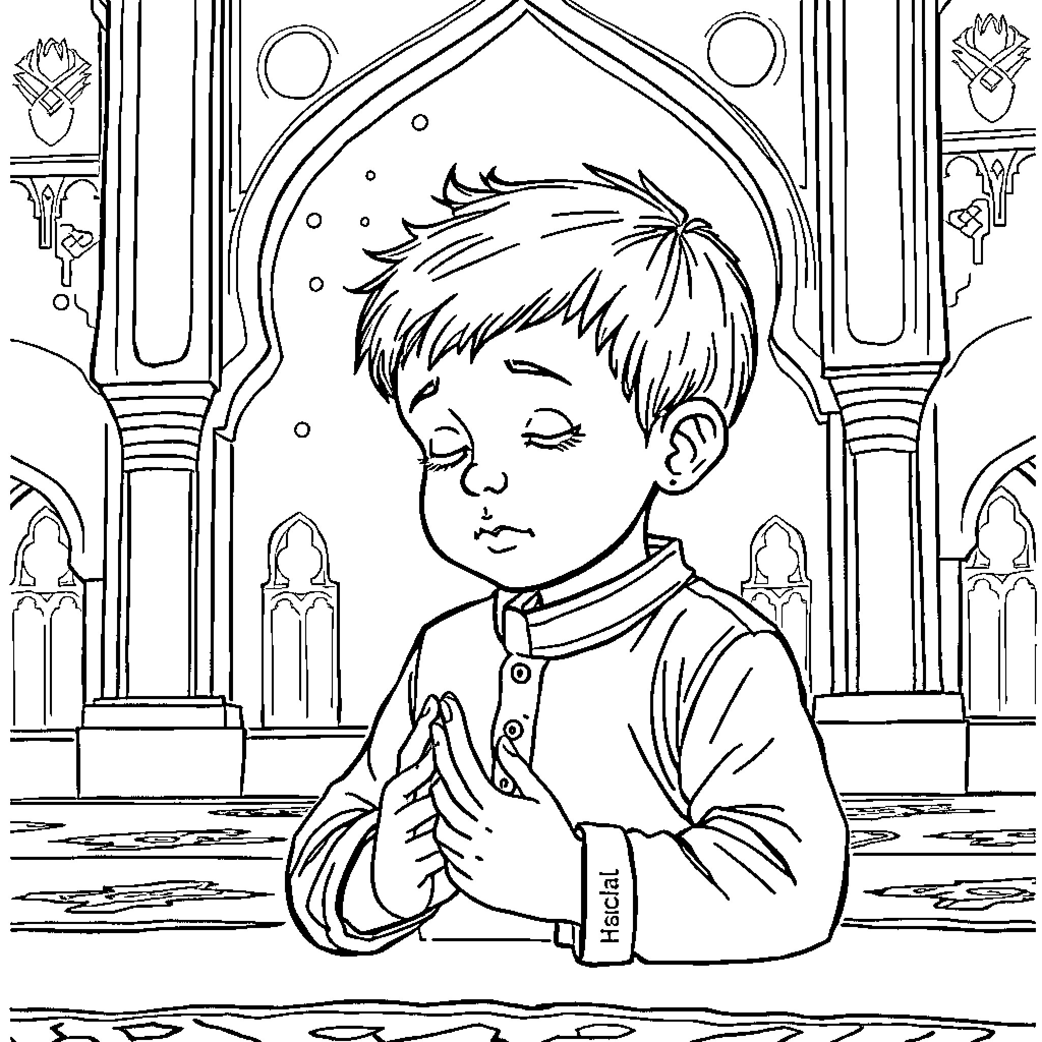 Namaz Boy Praying Devoutly in an Islamic Mosque Coloring Page (free black-and-white line drawing printable PDF for all, from beginners to advanced learners, including children, teens, adults, and seniors)