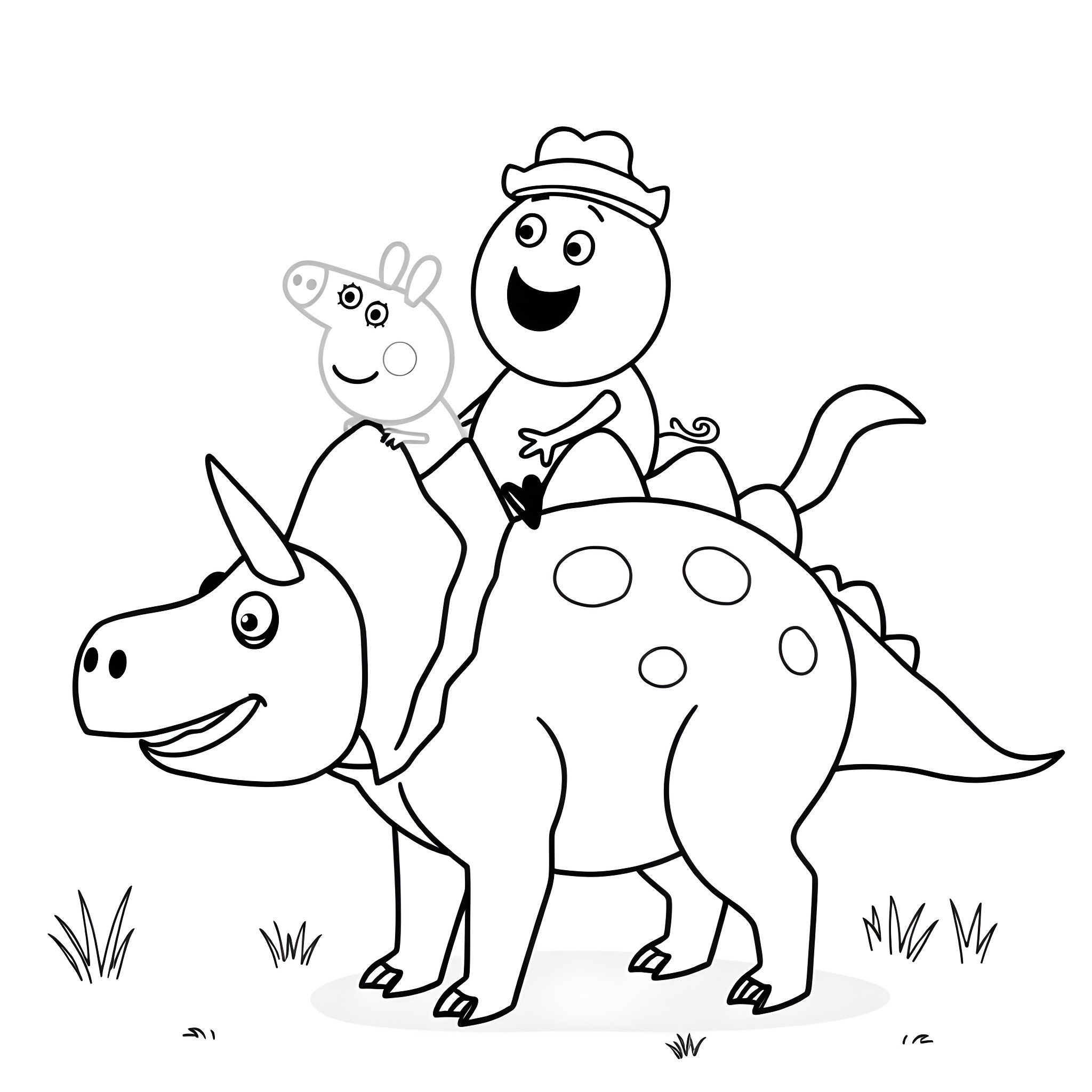 Peppa Pig and friends on a dinosaur adventure Coloring Page (free black-and-white line drawing printable PDF for all, from beginners to advanced learners, including children, teens, adults, and seniors)