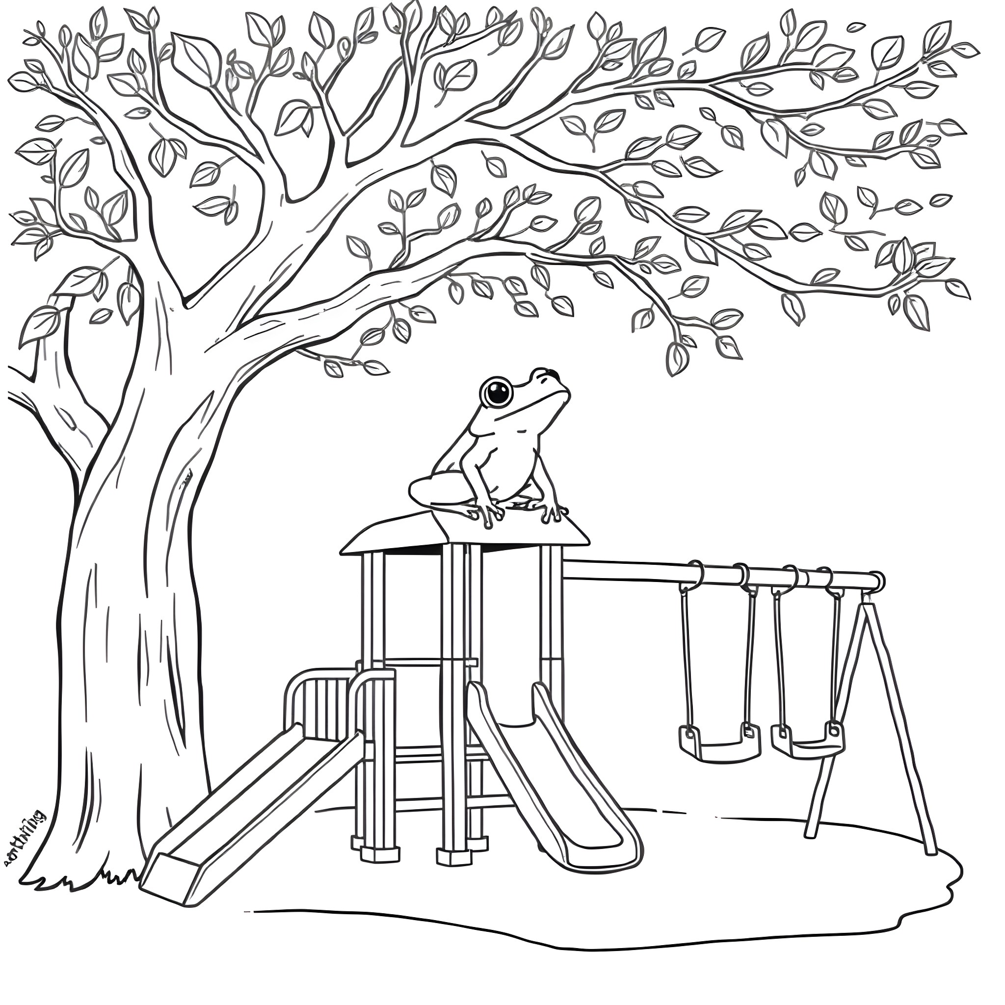 Frog relaxing on playground equipment in park Coloring Page (free black-and-white line drawing printable PDF for all, from beginners to advanced learners, including children, teens, adults, and seniors)