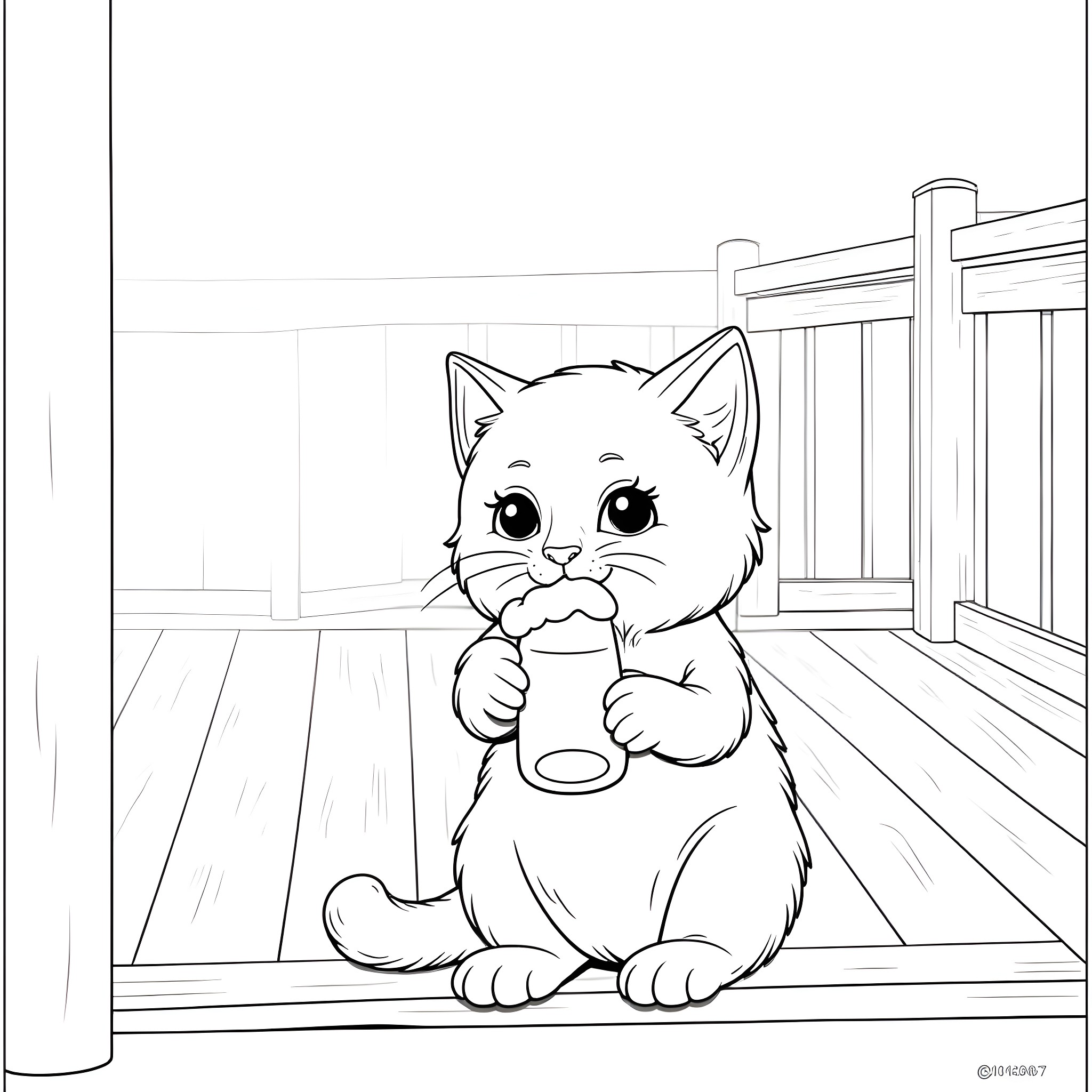 Kitten enjoying a treat on the porch Coloring Page (free black-and-white line drawing printable PDF for all, from beginners to advanced learners, including children, teens, adults, and seniors)